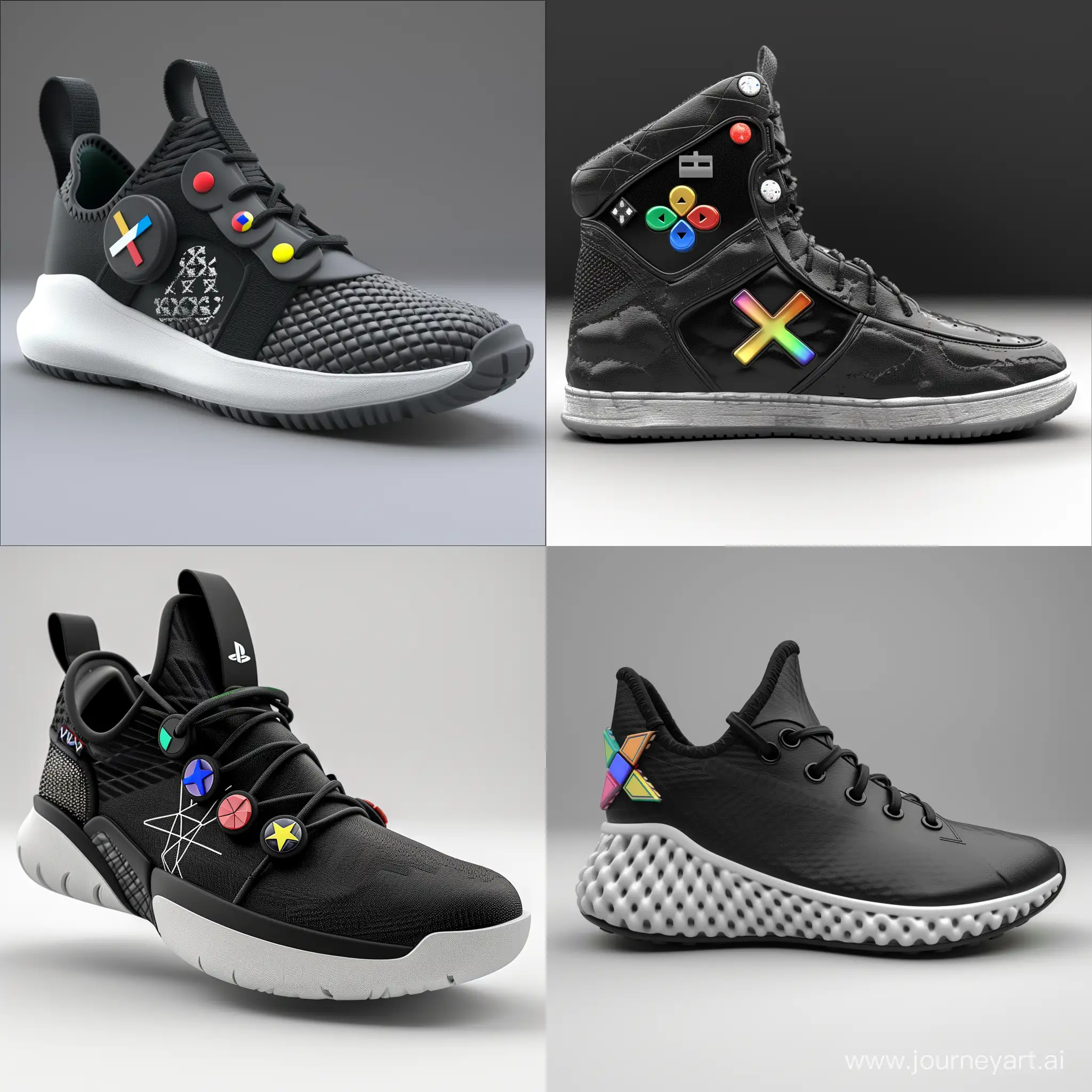 Playstation 5 themed mens shoe, black and white, (x, triangle, square, circle coloured buttons) photorealistic, 8k