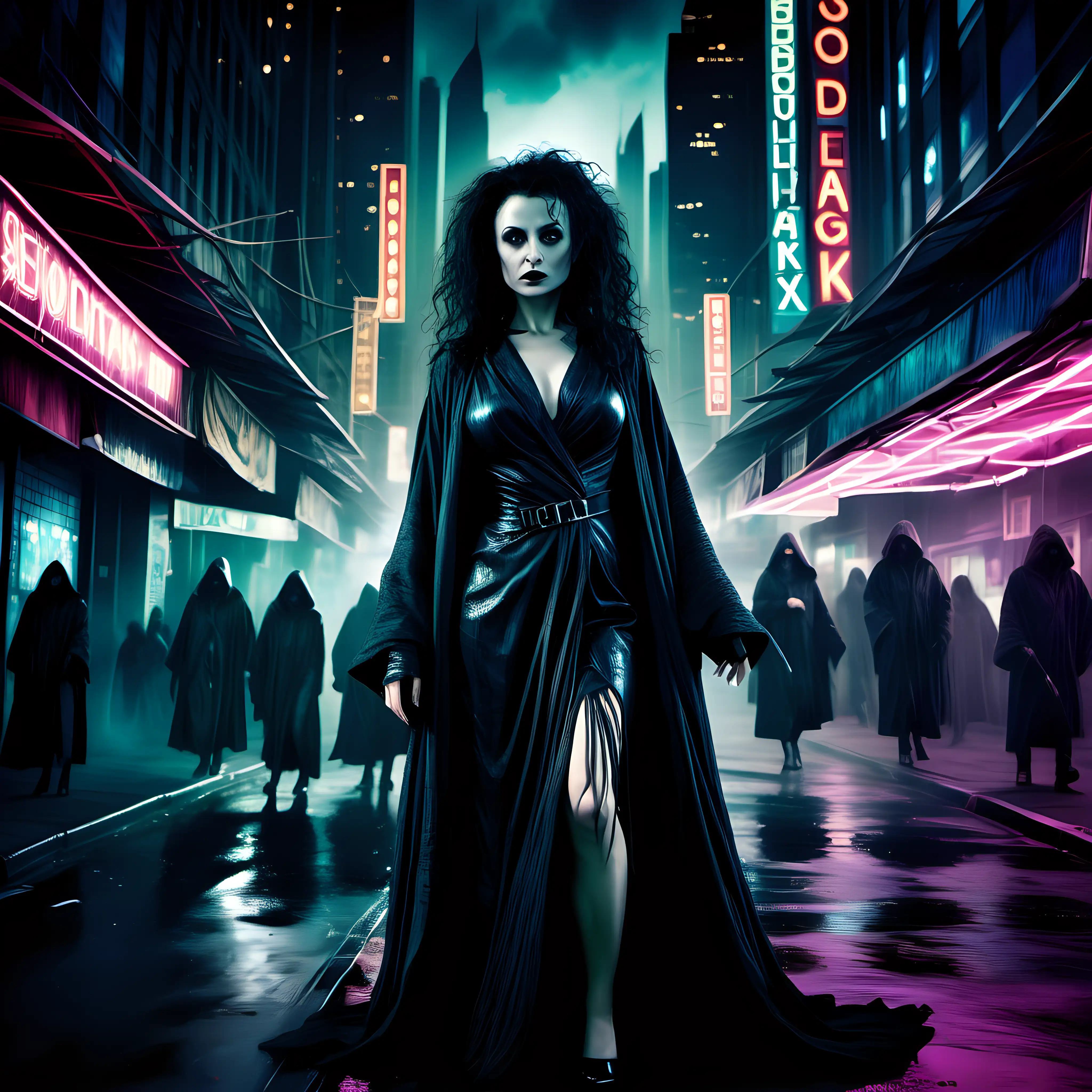  Bellatrix Lestrange, a notorious figure, sexy, and beautiful, sexy cloth, operates on the fringes of society. Cloaked in shadows and clad in dark, avant-garde robes, she prowls the neon-lit streets like a predator, commanding fear with her mastery of dark magic.
In this futuristic city, Bellatrix Lestrange brings her unique talents and personality, weaving a tapestry of magic, mystery, and adventure against the backdrop of neon-lit skyscrapers and bustling streets,  super realistic lighting, hyper-realistic super-detailed
