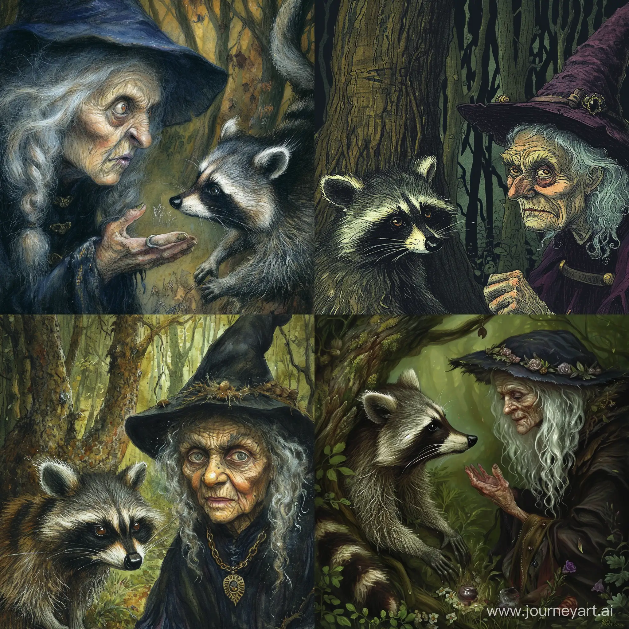 Illustration, an adult fairy tale about an evil old witch and a magical raccoon, --v 6