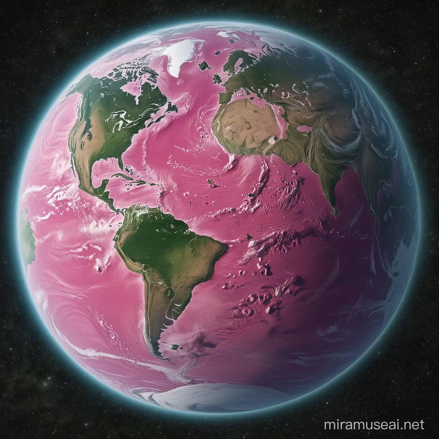 Vibrant Pink and Green Planet Earth in Cosmic Harmony