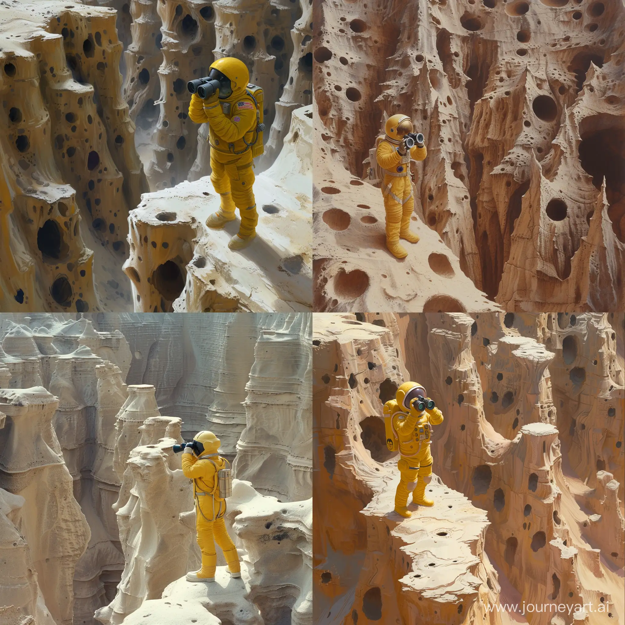An astronaut in a yellow spacesuit stands on a sandy cliff, looking through binoculars. There are many alien cliffs around it