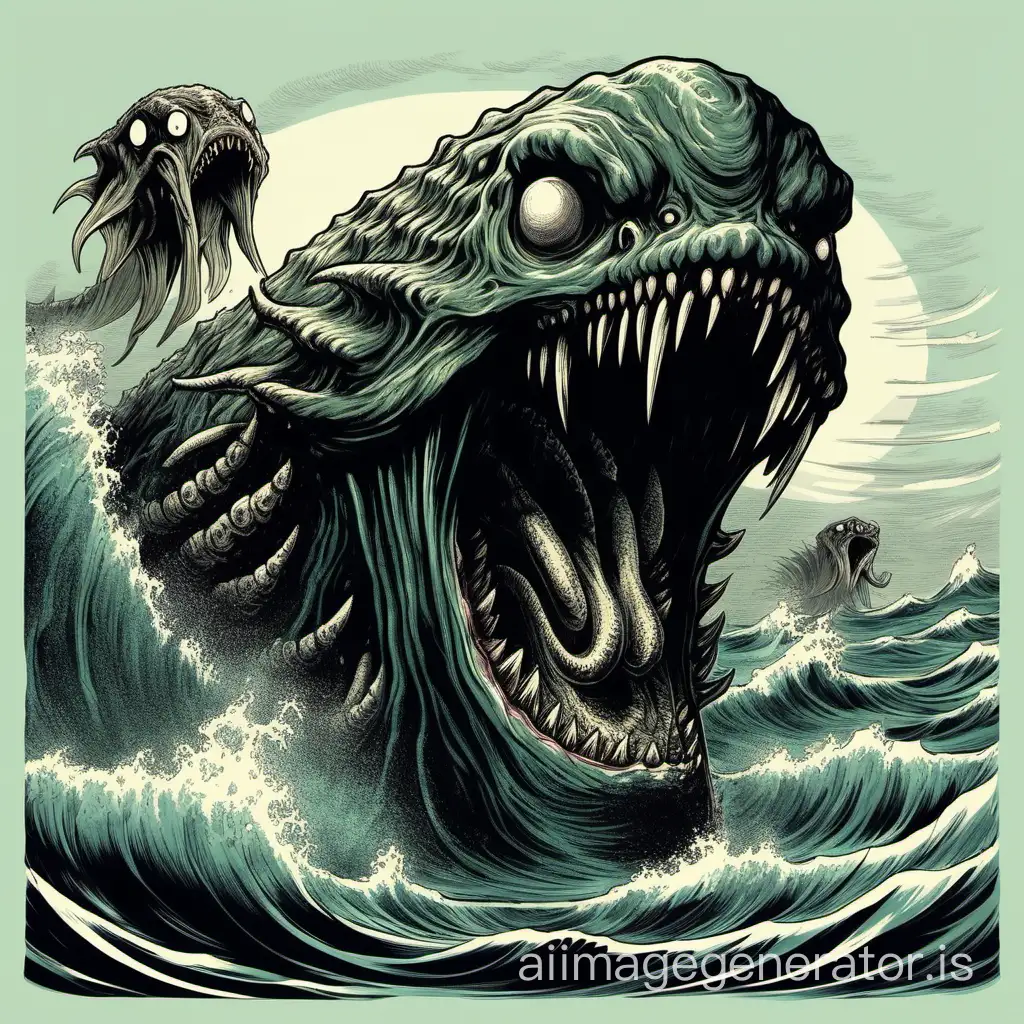 black sea monster with a huge skull and 7 eyes, yelling