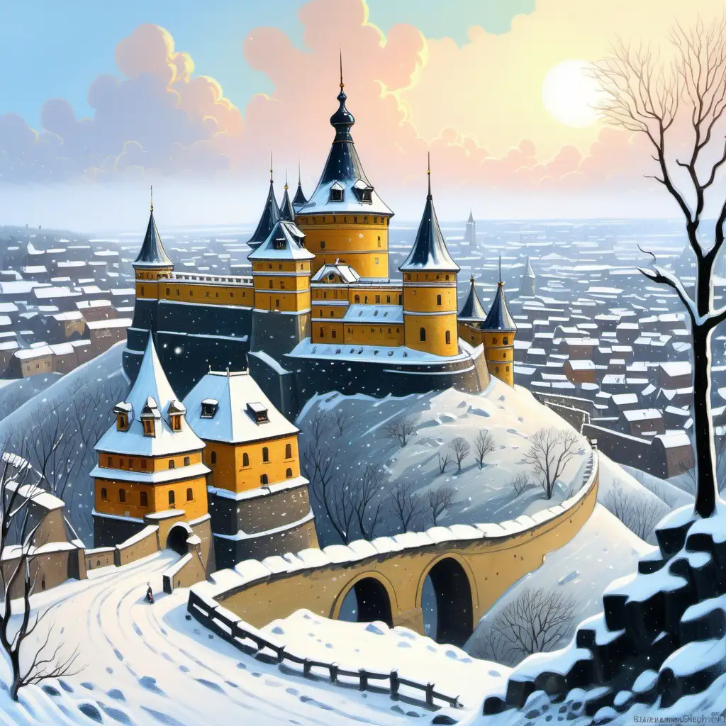 Kamianets-Podilskyi castle on a snowy day, ghibli inspired painting