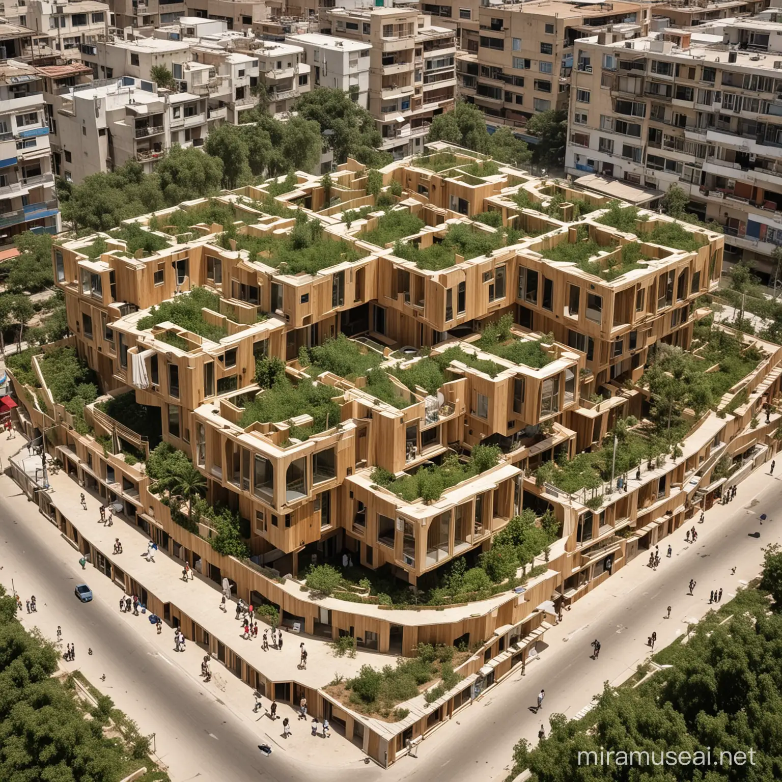 un centre socio-culturel en structure legere, une mega structure en bois modulaire cubique et demontable , des unites prefabriquees, comme ce style https://pin.it/3CitSRlux avec de la verdure et des gens de differente nationalites qui marchent , des enfants qui jouent , des patios interieurs, a Nabaa bourj hammoud au liban , lieu denses, immeuble d'habitation colles et mauvaise apparence. bird view
