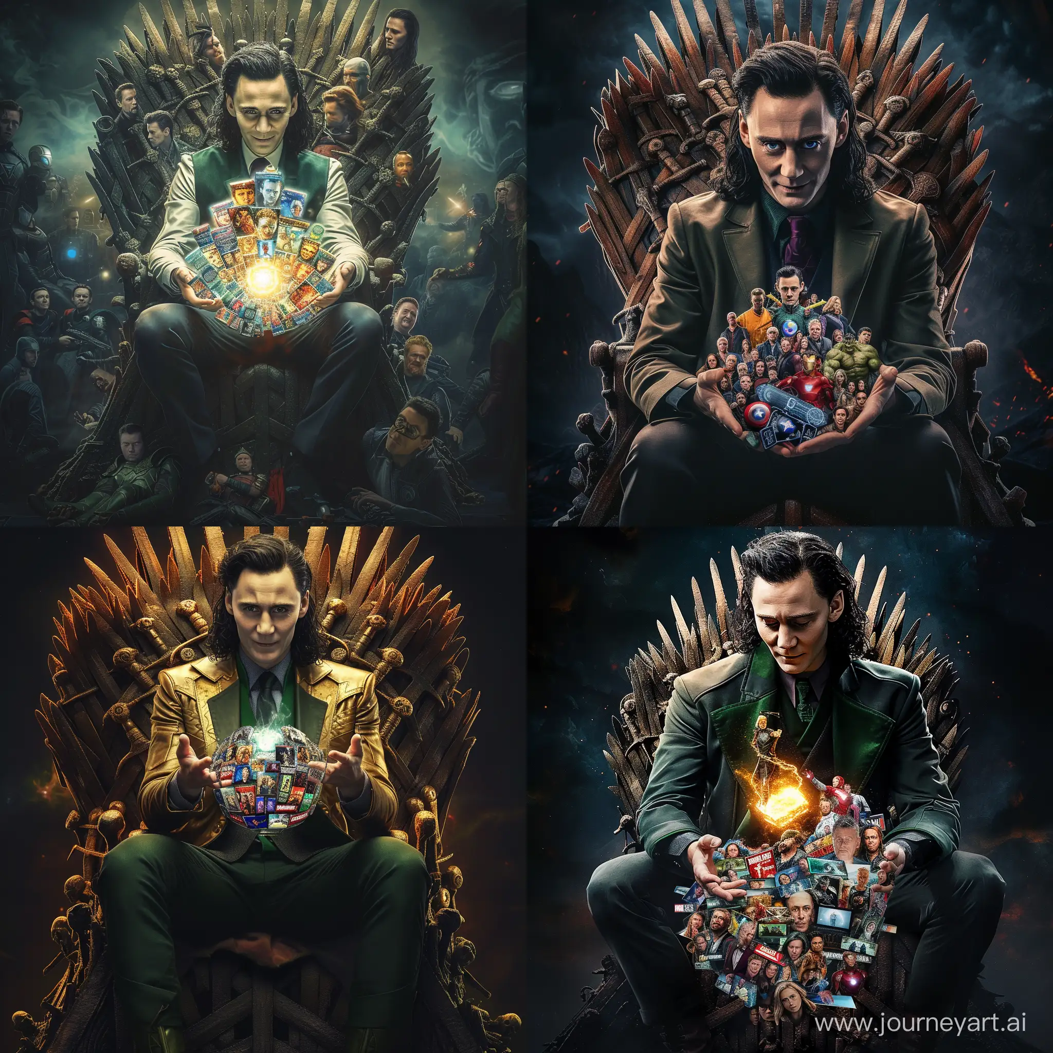 Локи Тома Хиддлстона из финала второго сезона сериала локи, держащий в руках киновселенную marvel,  сидя на троне, состоящем из фильмов кино Вселенной marvel, фотореалистичный стиль