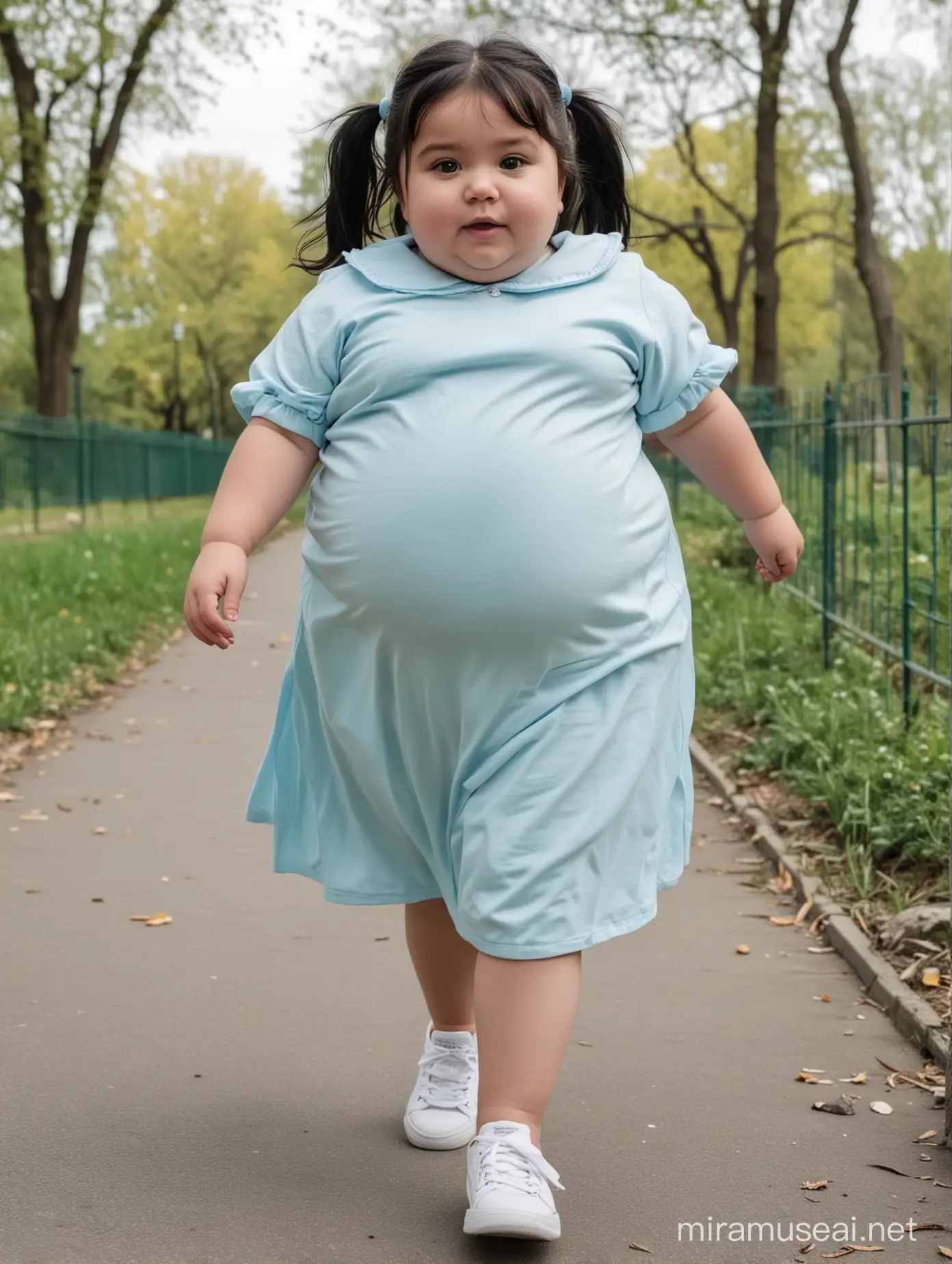A very fat little girl, black hair, very fat and big body, light blue clothes, walking in the park