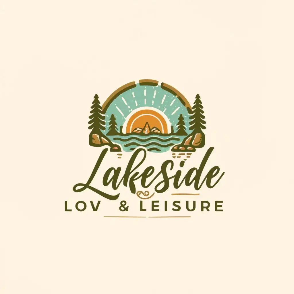 a logo design,with the text "Lakeside Love & Leisure", main symbol:In the center of the logo, there's a tranquil lakeside scene with calm waters and a sandy shore. On the shore, there's a stylized wedding arch adorned with flowers, representing the wedding venue aspect of the business. To the side of the arch, there's a cozy campfire with logs arranged in a heart shape, symbolizing love and romance.

Above the scene, the business name "Lakeside Love & Leisure" is elegantly written in a blend of fonts. The word "Lakeside" is written in a rustic, handwritten style, evoking the natural beauty of the campground, while "Love & Leisure" is written in a more ornate script font, conveying the sophistication of weddings and leisure activities.

Around the scene, there are twinkling stars and fireflies, adding a touch of whimsy and enchantment to the logo design. The overall color scheme includes soft shades of blue for the water, lush greens for the trees, and warm earth tones for the sand and campfire. Delicate pastel hues are used for the flowers and wedding arch decorations, adding a romantic and dreamy atmosphere to the logo.