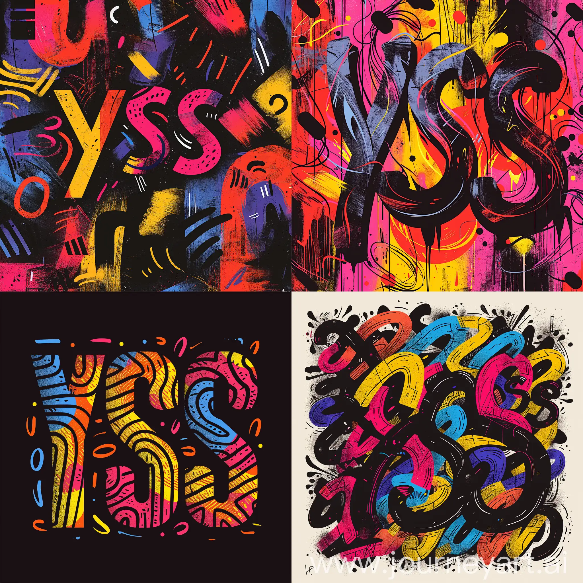 буквы "YSS" сливаются в узор, который ассоциируется с изображением грустной сестры, абстрактный логотип с контрастом черного и ярких цветов, --s 600