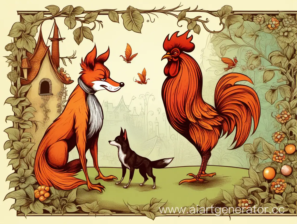 Enchanting-ComputerRendered-Scene-Rooster-Fox-and-Dog-in-the-Style-of-an-Old-Fairy-Tale