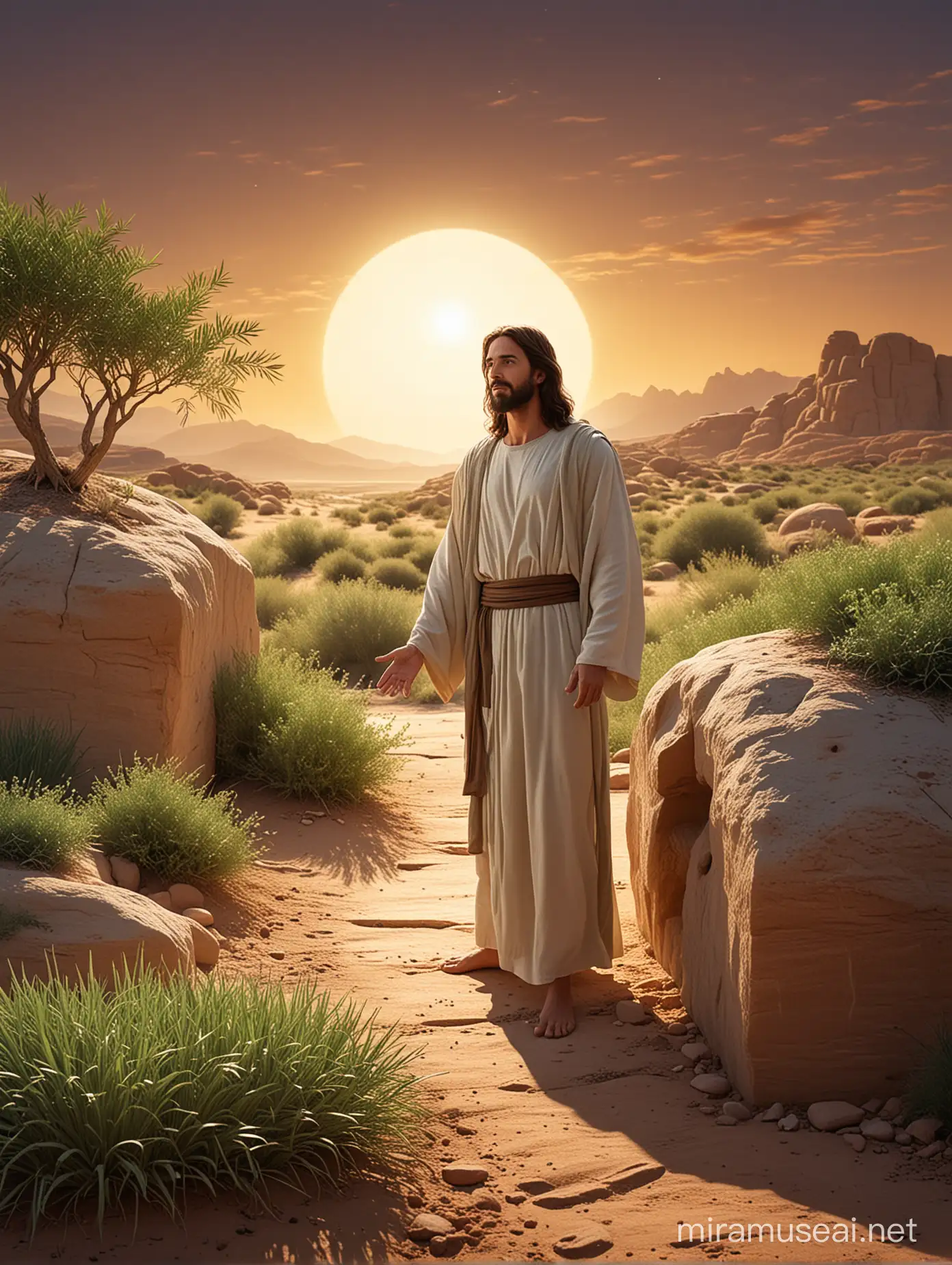 Confident Jesus at Dawn with Empty Tomb and Subtle Green Desert Plants