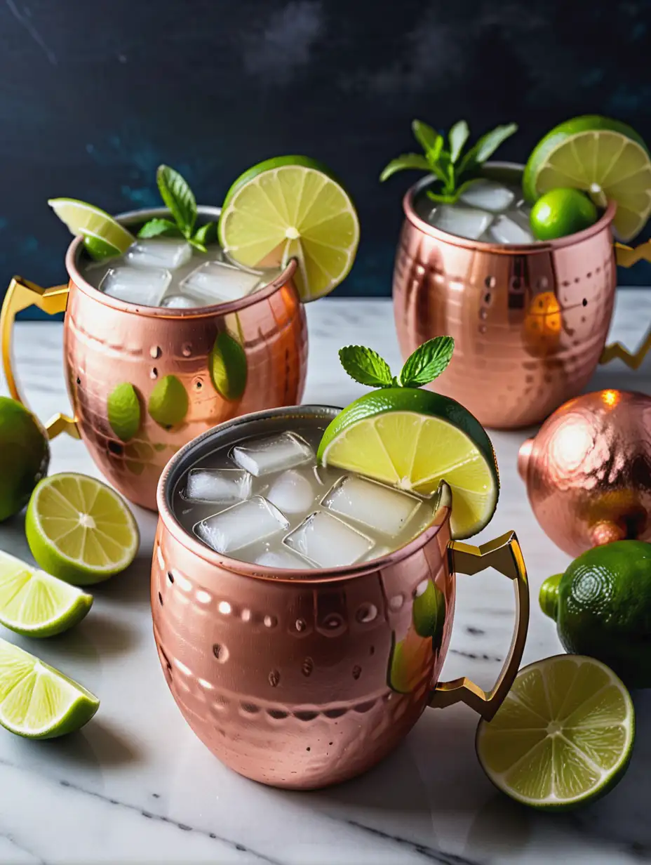 Two glasses of Moscow mule with differently positioned lime wedges.