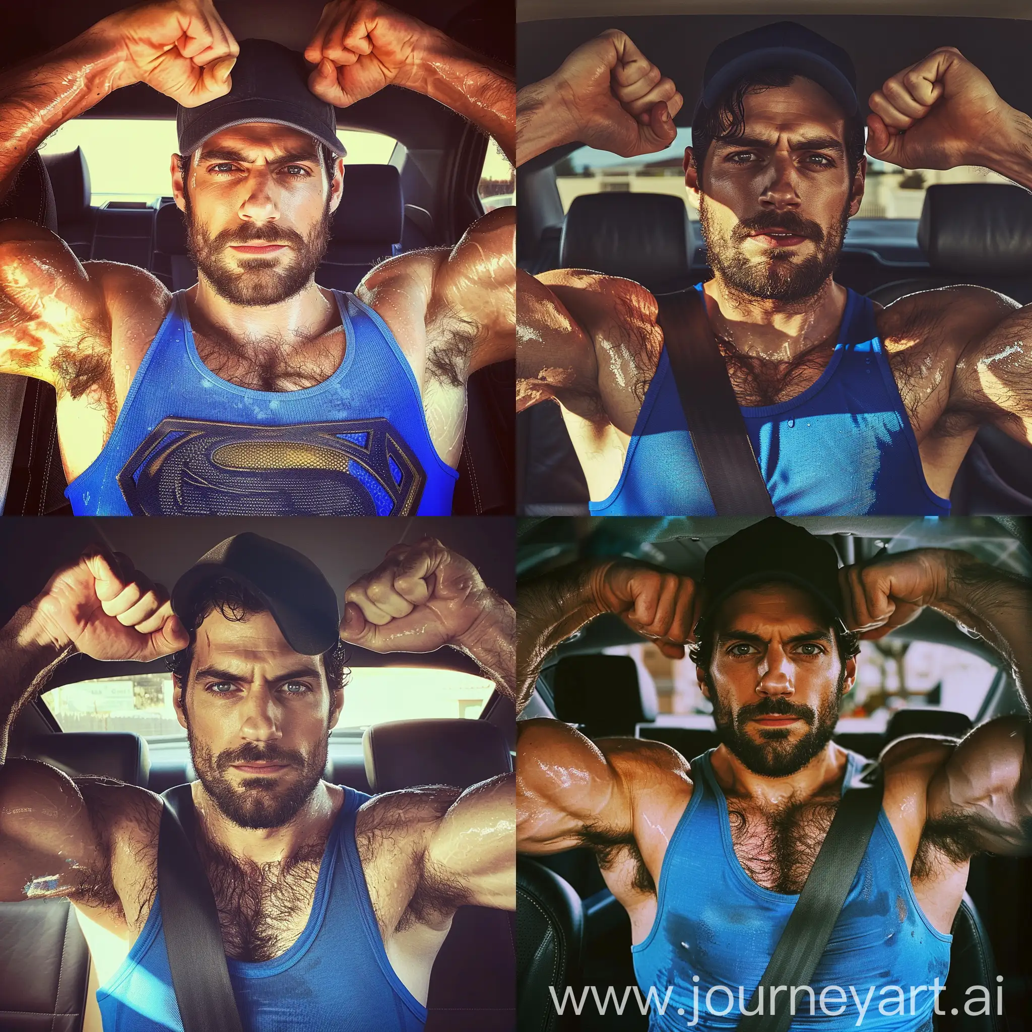 handsome face of actor Henry Cavill, a handsome and burly muscular man in the back seat of the car, wearing a blue tank top, hairy chest big pecs, bearded and handsome Henry Cavill inside a car, dim lighting, sweaty and glistening skin, flexing both his arms, big muscular biceps, wearing a black cap, daylight background