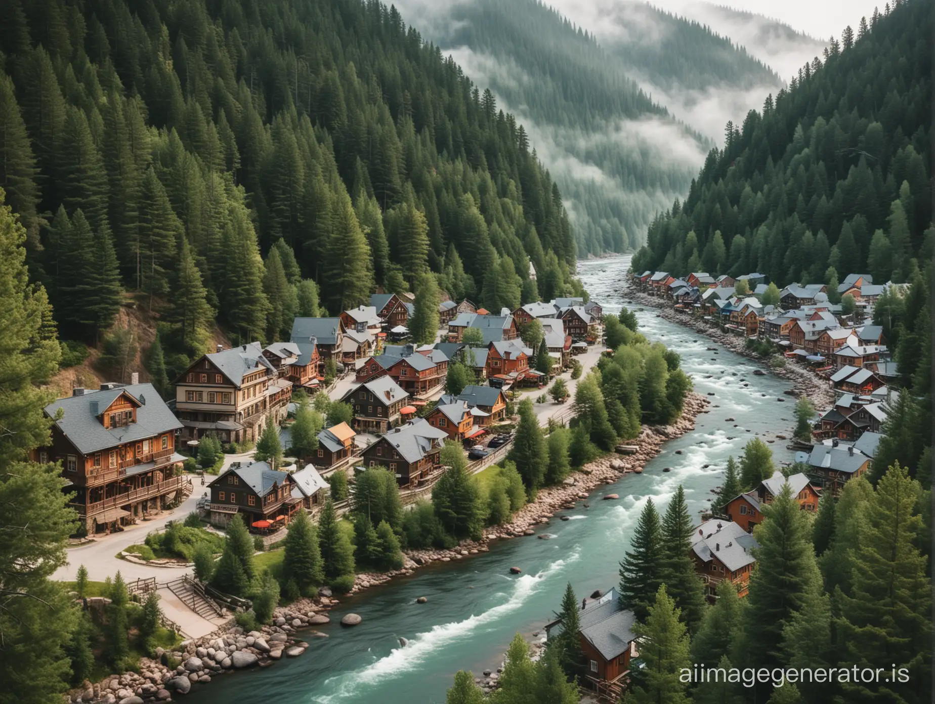 a cozy town surrounded by tall trees and winding rivers