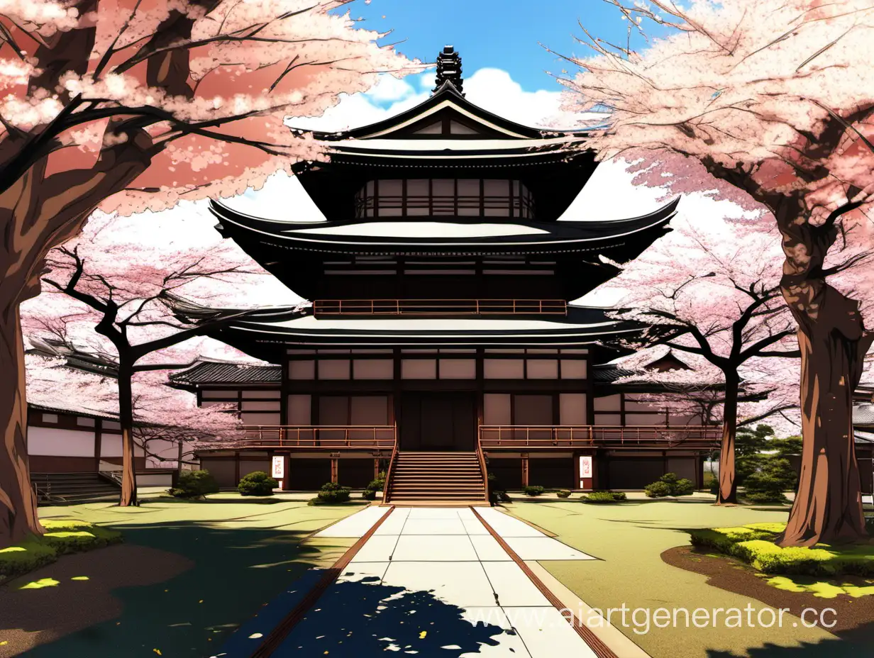 animestyle brown 2 stories  wide japanese temple with wide frontyard between sakura trees at bright day