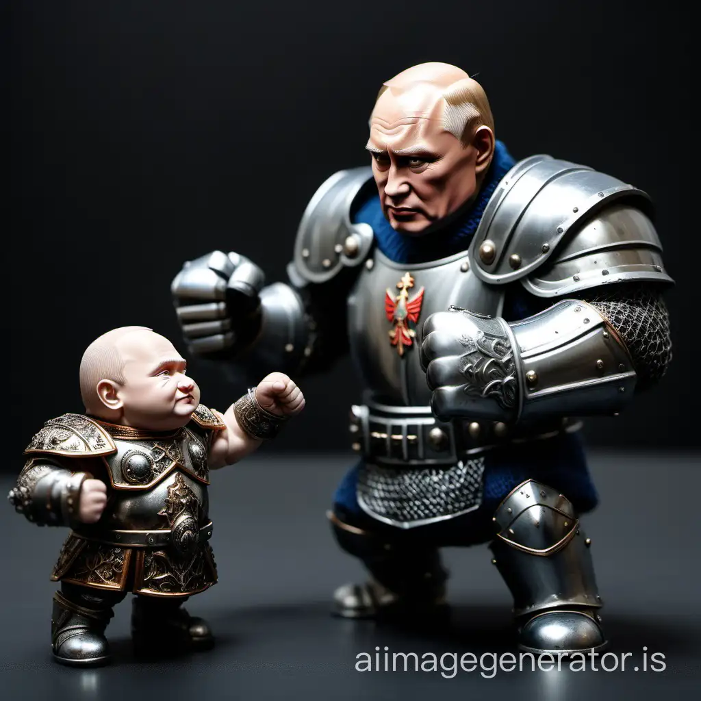A heavy fist in a steel knight's glove falls on a small dwarf who looks like Putin, we see only the fist and the dwarf