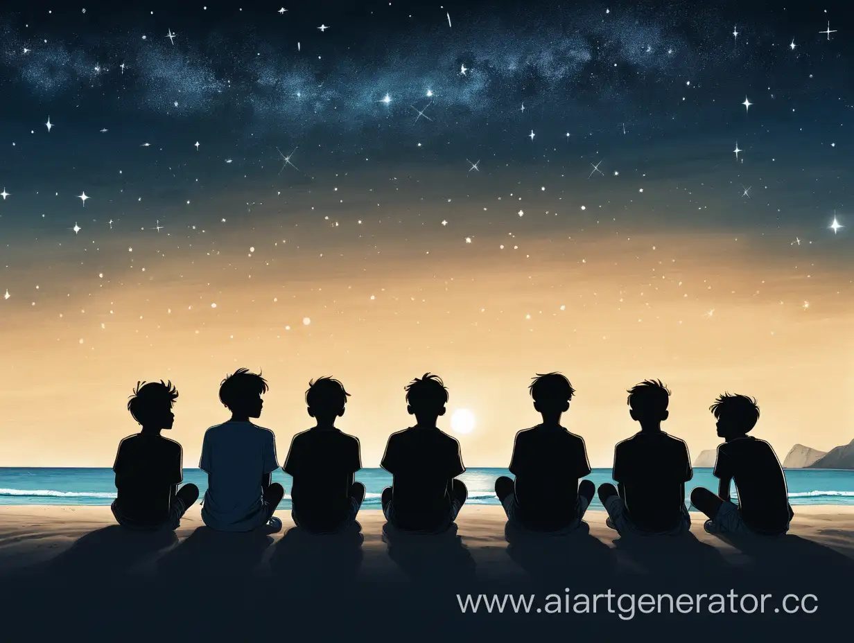 6 силуэтов подростков мальчиков на пляже смотрят на море и на звезды, 1 из них сидит на песке