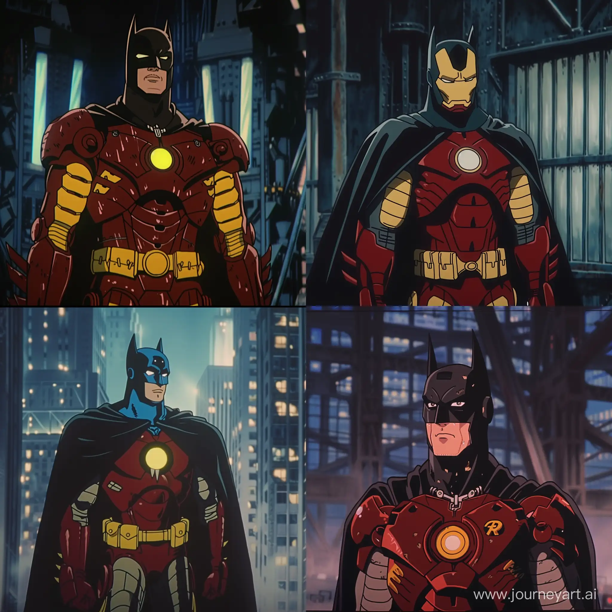 screenshot from 1980s anime film, batman wearing a ironman costume  --c 5