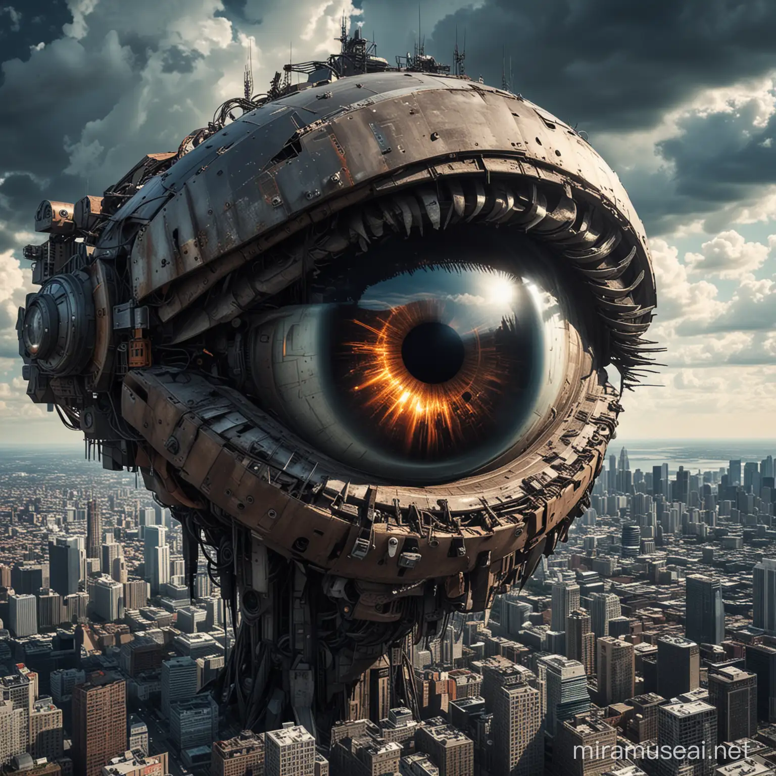 crea en el cielo un ojo robot gigante tenebroso observando una ciudad