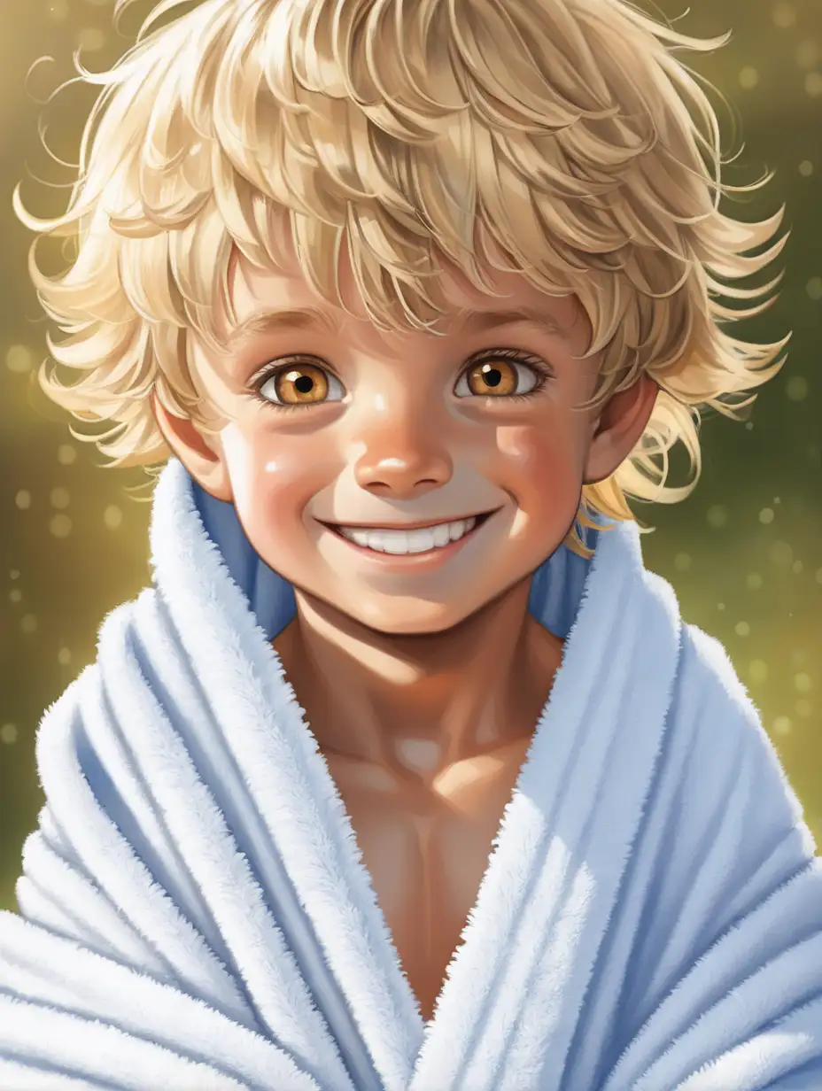 happy little wavy blonde boy wrapped in a towel , hazel eyes