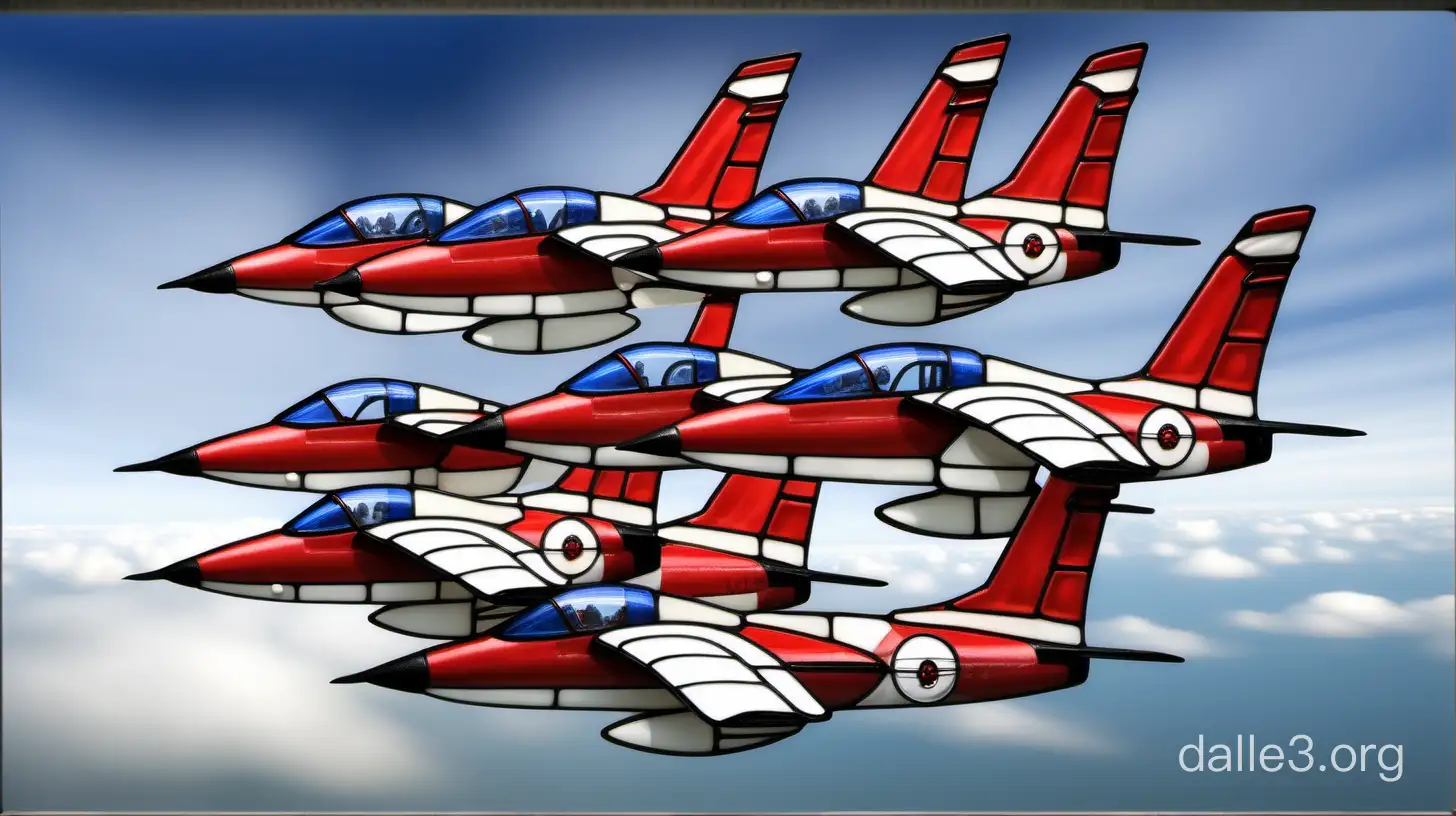 create a photo realistic detailed leaded stained glass window of the RCAF Snowbirds in formation flight.