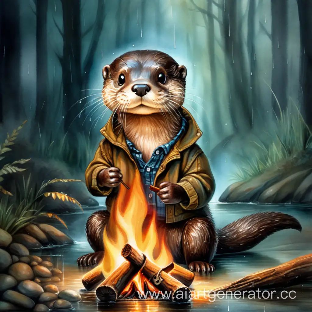 Brave-Otter-by-the-Forest-Fire-Watercolor-Art-in-Dark-Shades