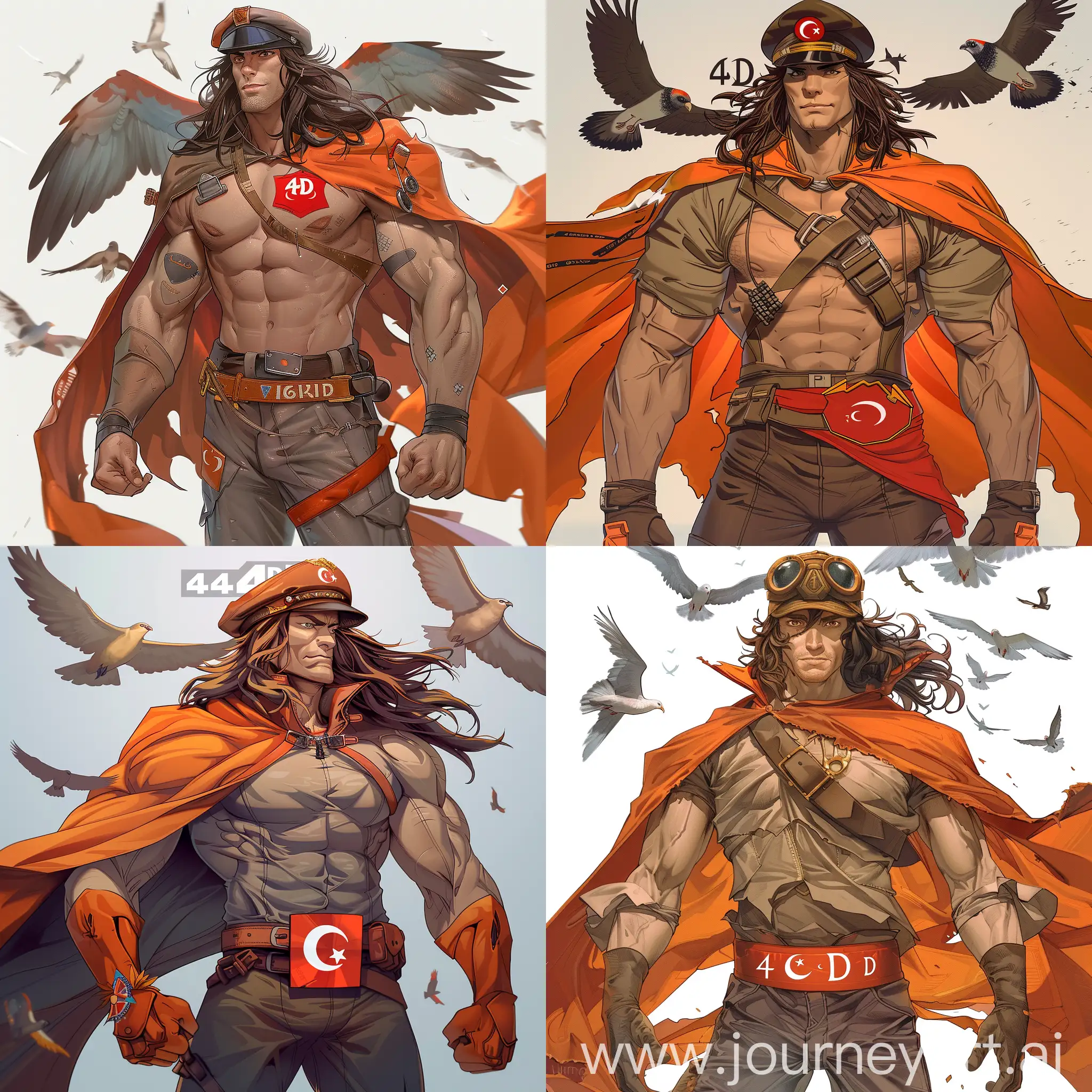 Draw a character. This character is male. He is muscular and has long hair. He has a pilot's hat on his head. Costume colors are orange-gray-brown bottom. Belt is dark orange. Red cape. 4D written on it. He has a Turkish flag coat of arms. He flies with the birds. He has brown eyes.