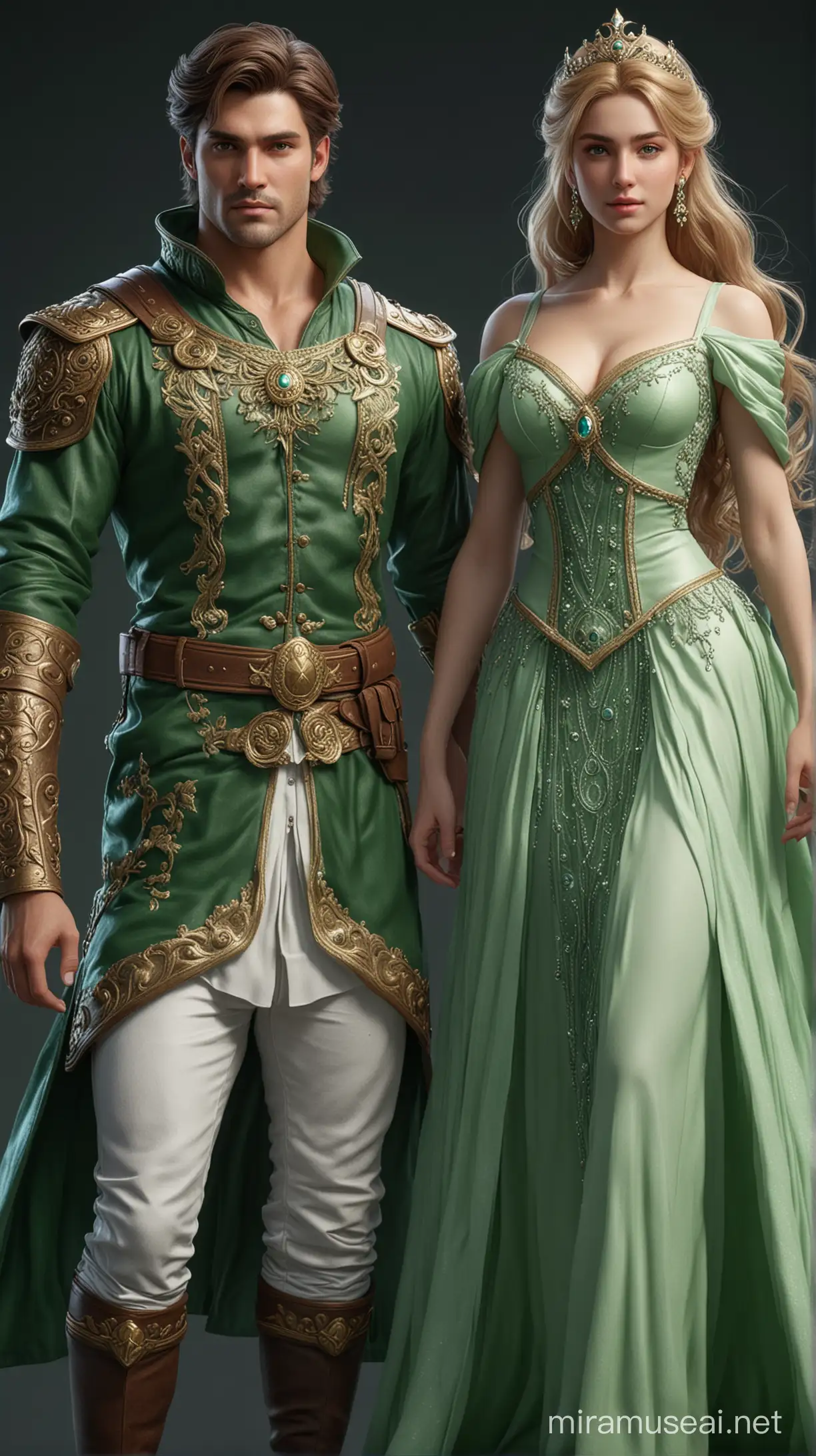 FULL body photorealistic of a beautiful couple,  handsome hunky celestial Prince and beautiful celestial Princess , wearing green ,standing firmly face frontal camera focus asymmetrical face details,charachter, beautiful, devian art, trending artstation, digital art, detailed, realistic, humanoide, character,cinematic sho ,cinematic lights, high textures, high resolution, dreamlikeart, 8k, highly detailed, stabilized diffusion 