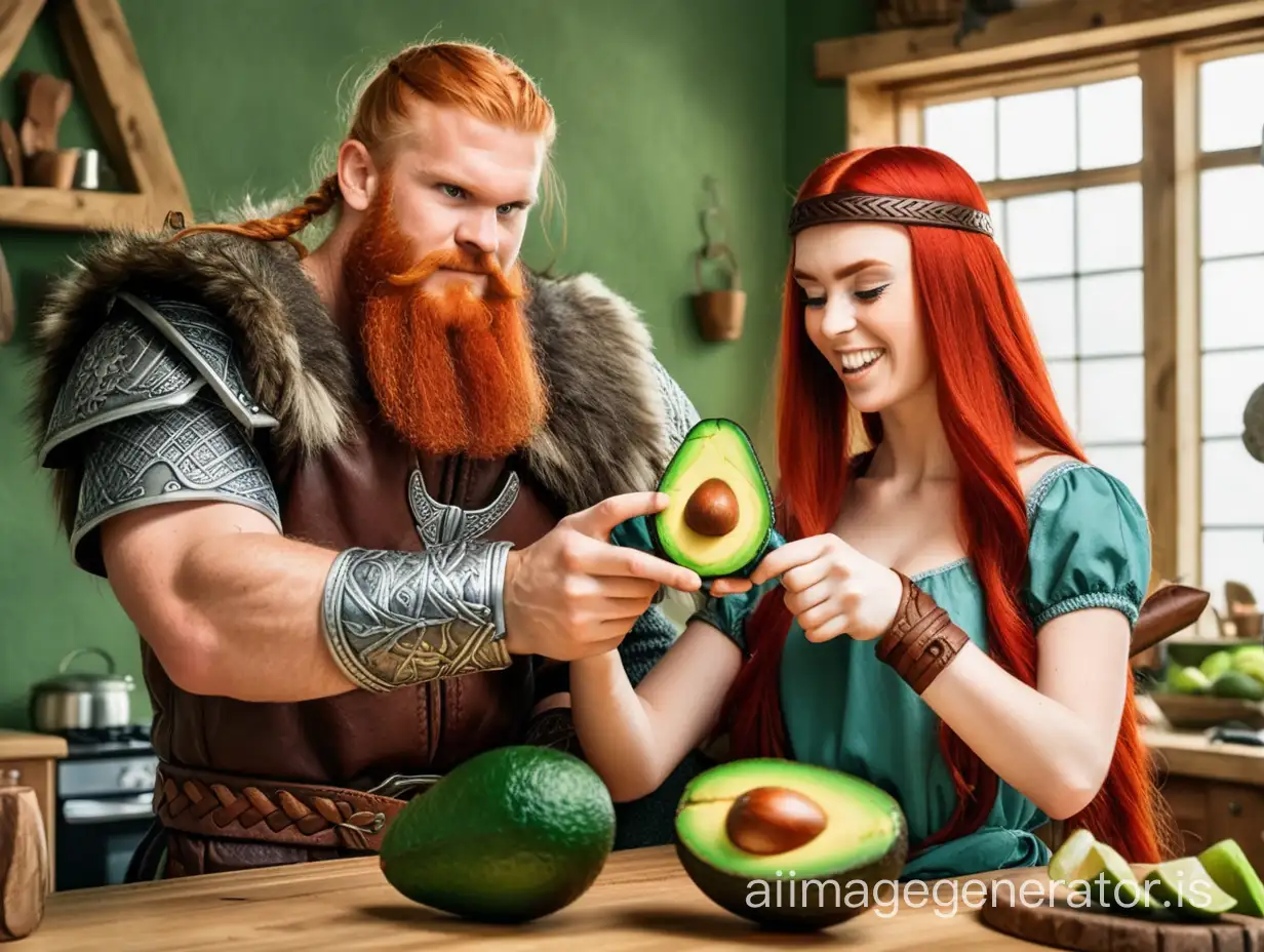 викинг режет авокадо и предлагает его девушке с рыжими волосами