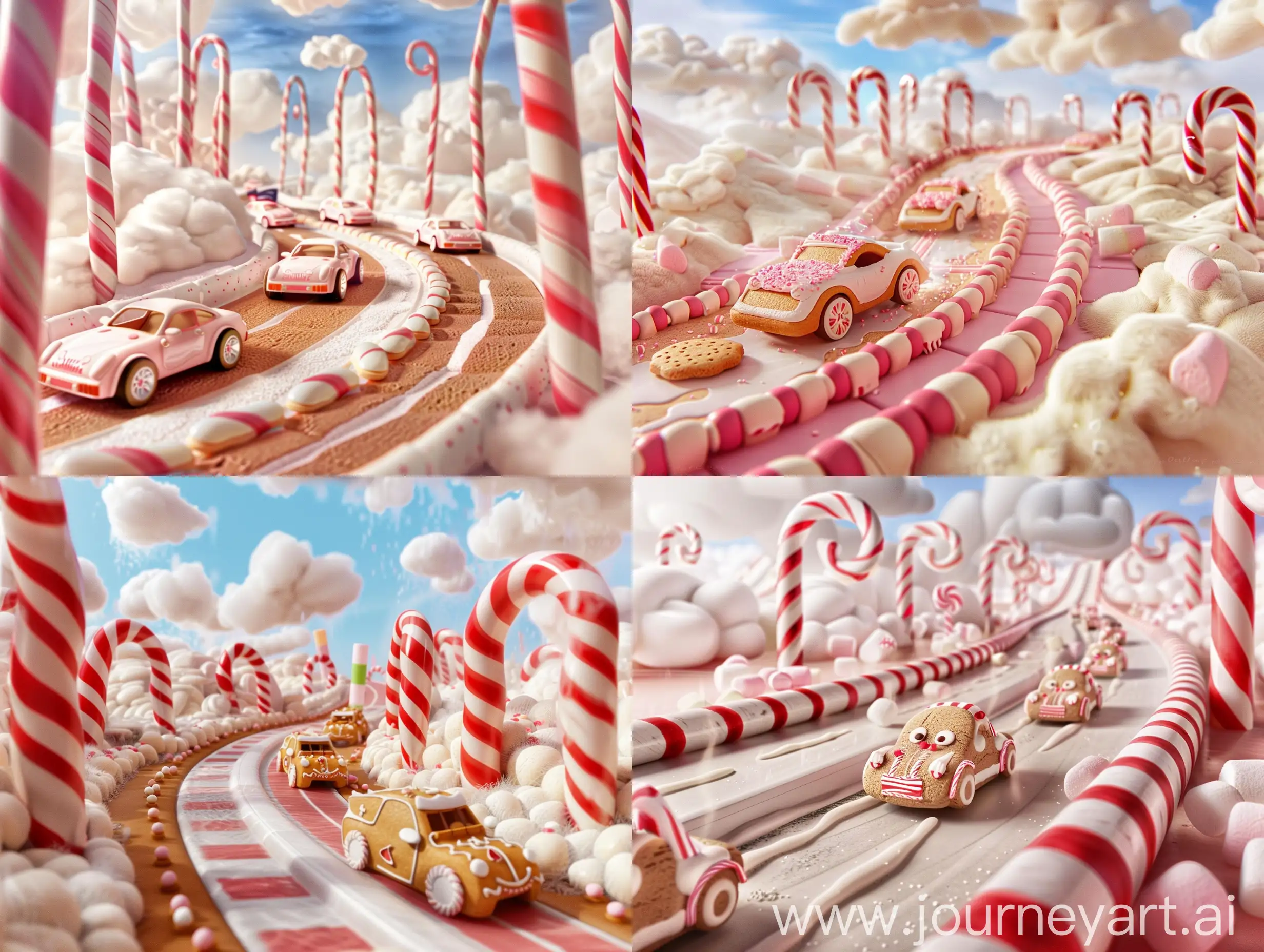 Visualize a whimsical scene where car-shaped cookies come to life, racing along a sugary track lined with candy canes and marshmallow clouds. Describe this sweet racing world and request DALL-E to generate an image capturing its deliciously imaginative charm.