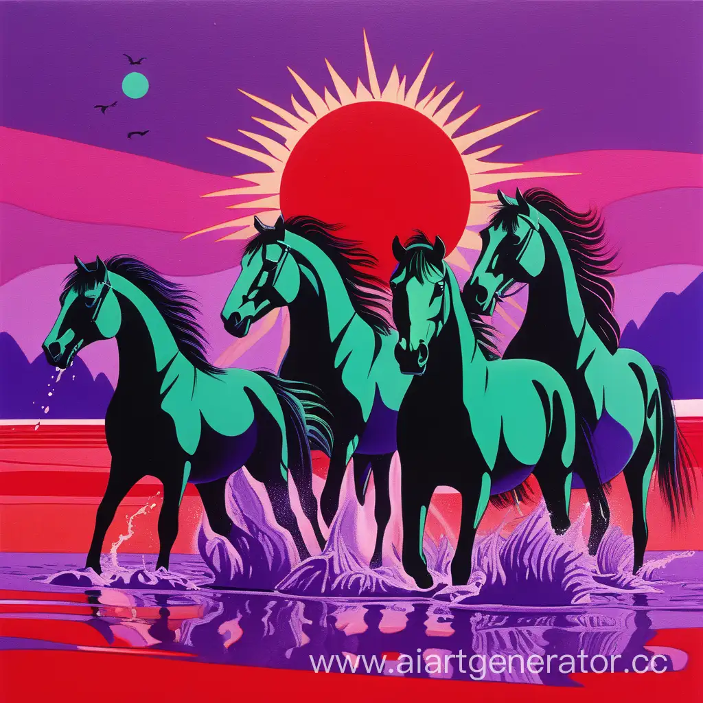 пять зеленых всадников ловят черную рыбу в красном поле под палящим фиолетовым солнцем в стиле абстракцианизм