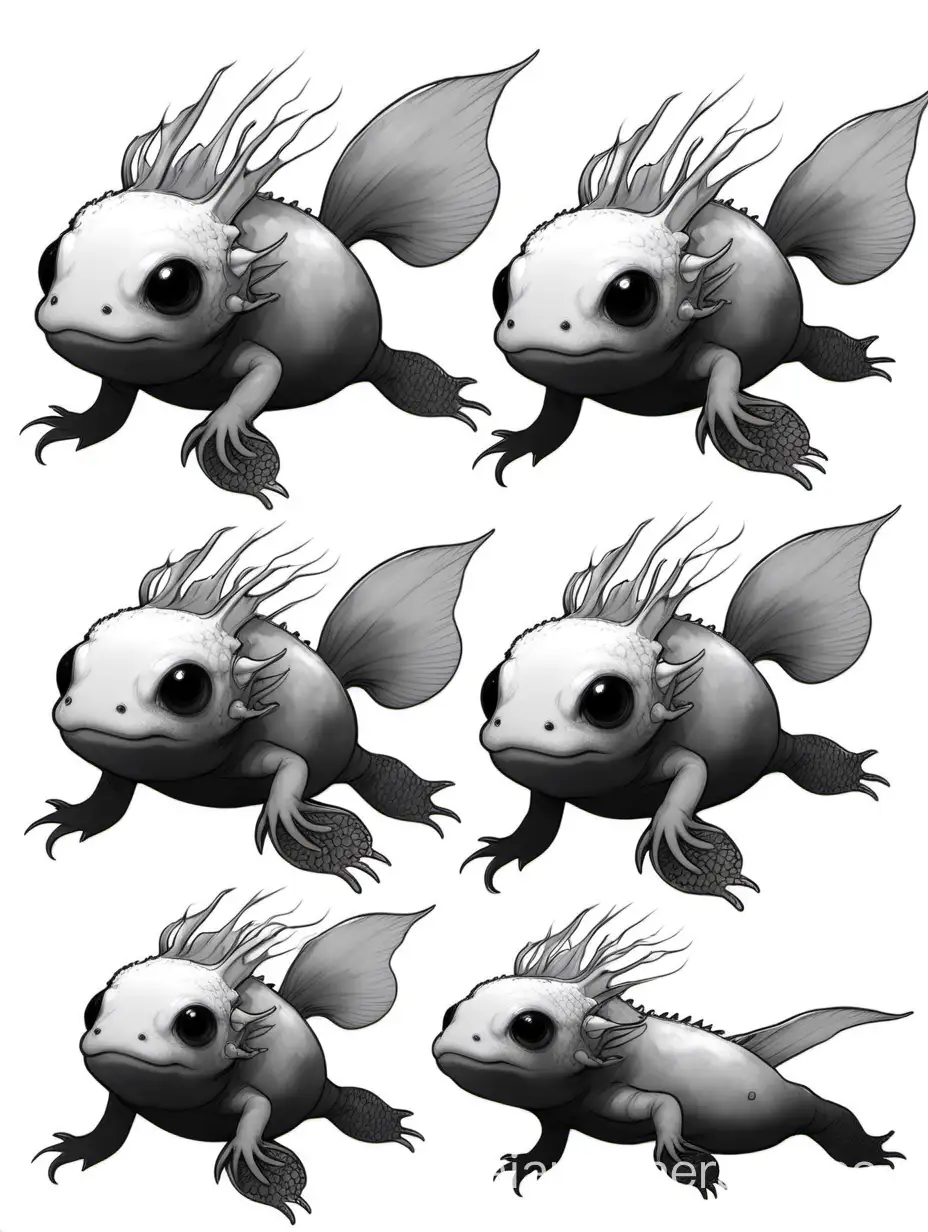  black and white axolotl, white eyes, character reference sheet