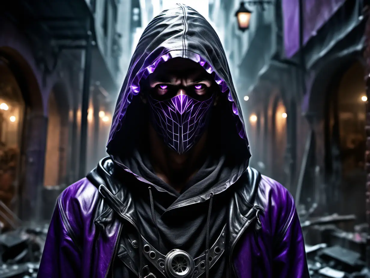 assassin wearing a black leather outfit with a hood over his head, space warps the whole background in a chaotic manner and forms distortions looking like shattered glass the background is black and white, hide face in purple mist, blur face, standing in the middle of a dimly lit alley in the night in an old medieval city, in the style of Alfons Mucha, grim, dark, with emphasis on light play and the transparency of the glass, High and short depth of field, Ray tracing, hyperdetailed, hyper realistic, epic portrait, in dynamics, rich, cinematic color grading, stunning, photorealistic, 8k, shot on Canon EOS-1D X Mark III, photorealistic painting, e video, photo taken of an epic intricate, The camera settings are carefully chosen to emphasize the soft light and the subject: an aperture of f/5. 6, ISO 200, and a shutter speed of 1/125 sec, cinematic 35mm --ar 51:91 --s1000