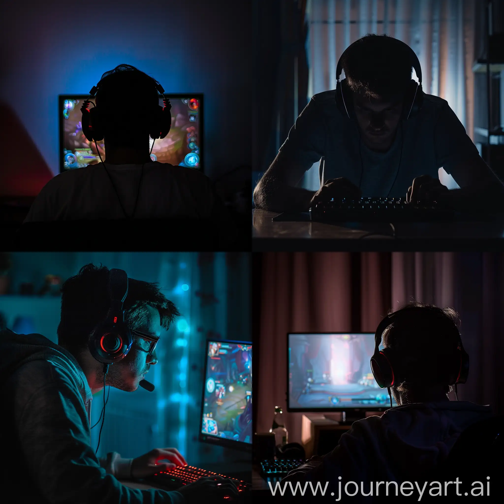 Gamer-immersed-in-League-of-Legends-gameplay-in-a-dimly-lit-room