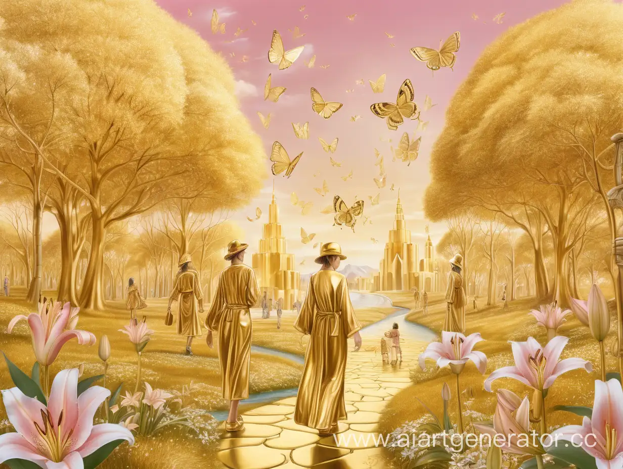 Golden-World-Enchanting-Scene-of-Gold-Ingots-Trees-and-Pink-Lilies