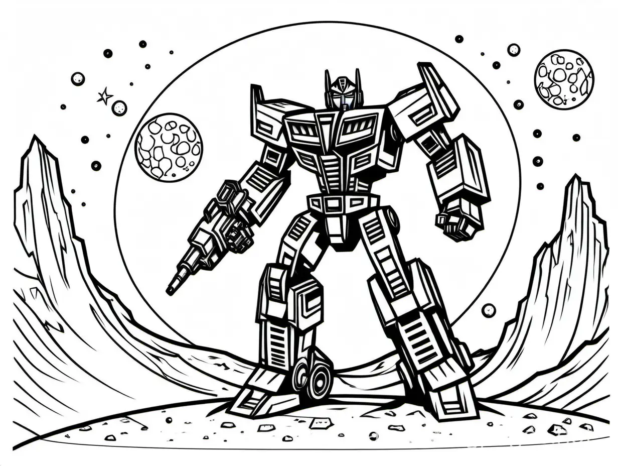 transformers on the moon, Coloring Page, black and white, line art, white background, Simplicity, Ample White Space. The background of the coloring page is plain white to make it easy for young children to color within the lines. The outlines of all the subjects are easy to distinguish, making it simple for kids to color without too much difficulty