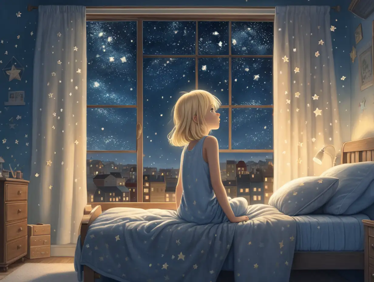 a yong blond-hair girl going to bed, with an open windows in her room, and a lot of stars