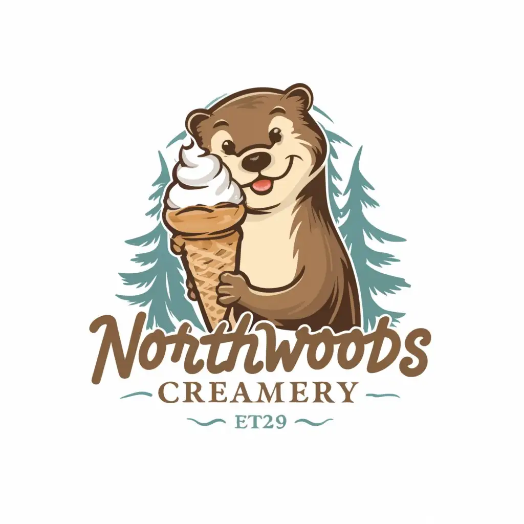 LOGO-Design-for-Northwoods-Creamery-Whimsical-Otter-with-White-Ice-Cream-and-Silhouetted-Trees