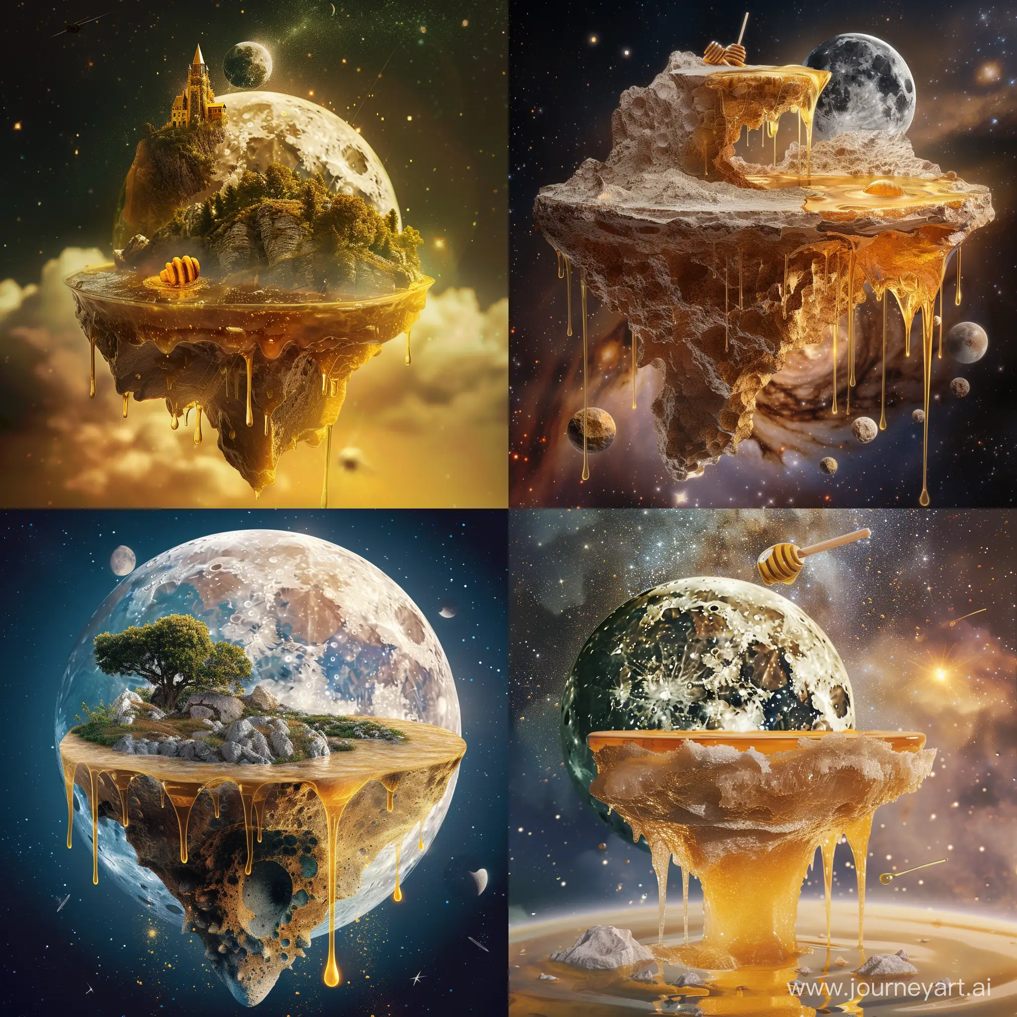 mixing of island and moon and honey and planet, in the galaxy, fantasy style, realistic