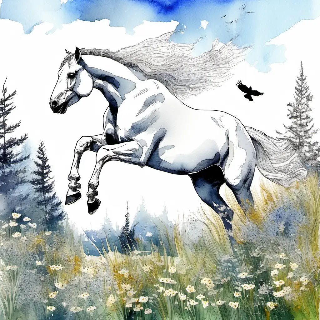 A white horse is eating grass in a meadow, meadow flowers in different colors, stillness and calmness, spruce forest in the background, over the clear blue sky a sea eagle flies, detailed, black and white watercolor, artistic, modern 