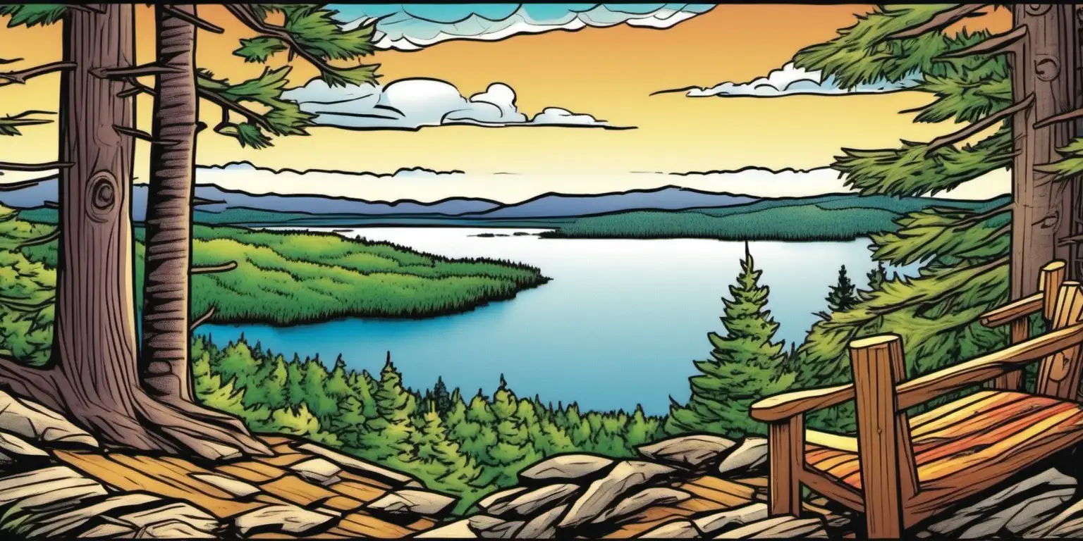 a colorful cartoon of a view from an Adirondack mountain over looking a lake