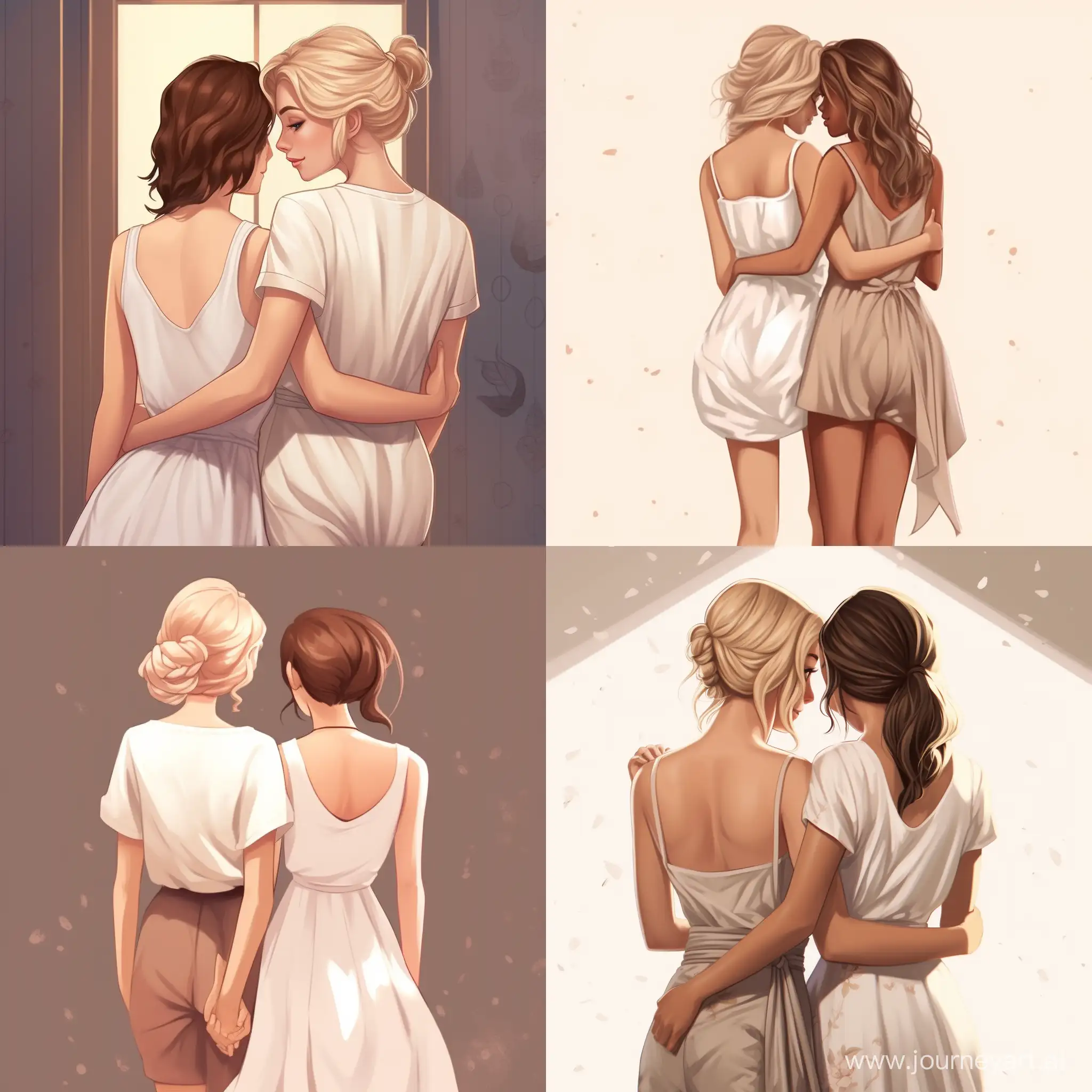  woman, short blond hair, short dress, white shoes, illustration, full body, disney style. Hugs her friend View from the back.