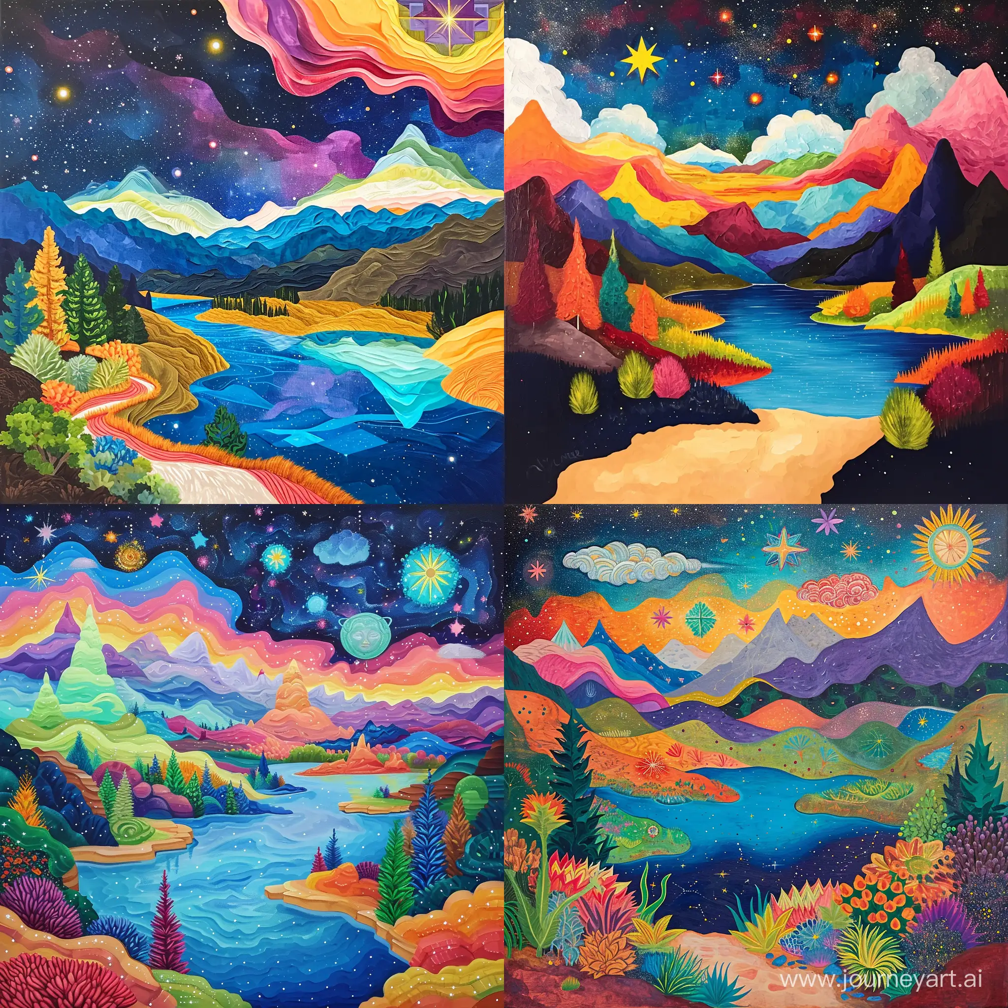 A painting of a colorful, fantastical landscape with mountains, a lake, and stars in the sky. -250