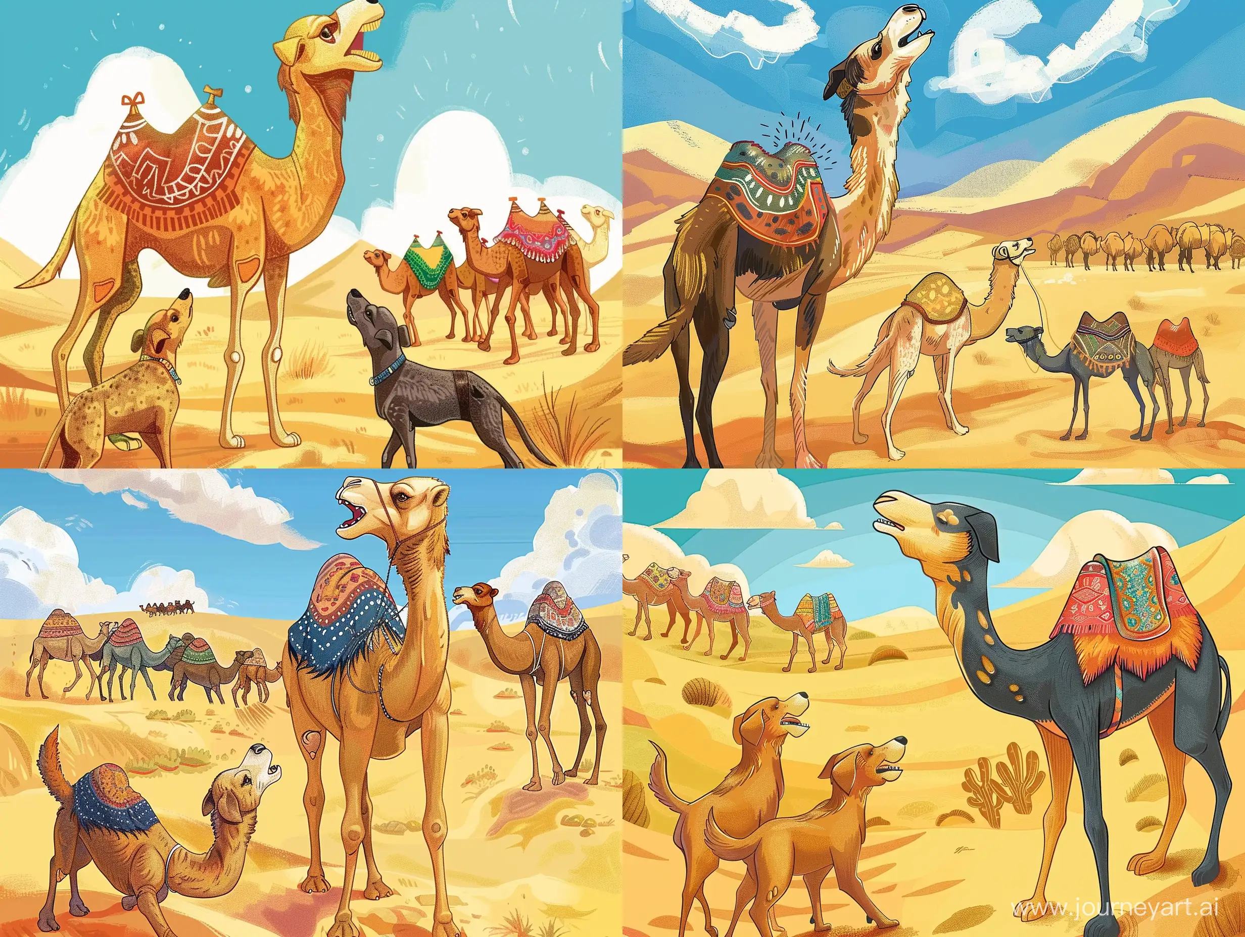 Иллюстрация 3 собаки лаят на караван верблюдов, верблюды идут спокойно по пустыни - sref https://i.pinimg.com/564x/25/5c/59/255c59aa45cb39018e64ed73d86c72fc.jpg