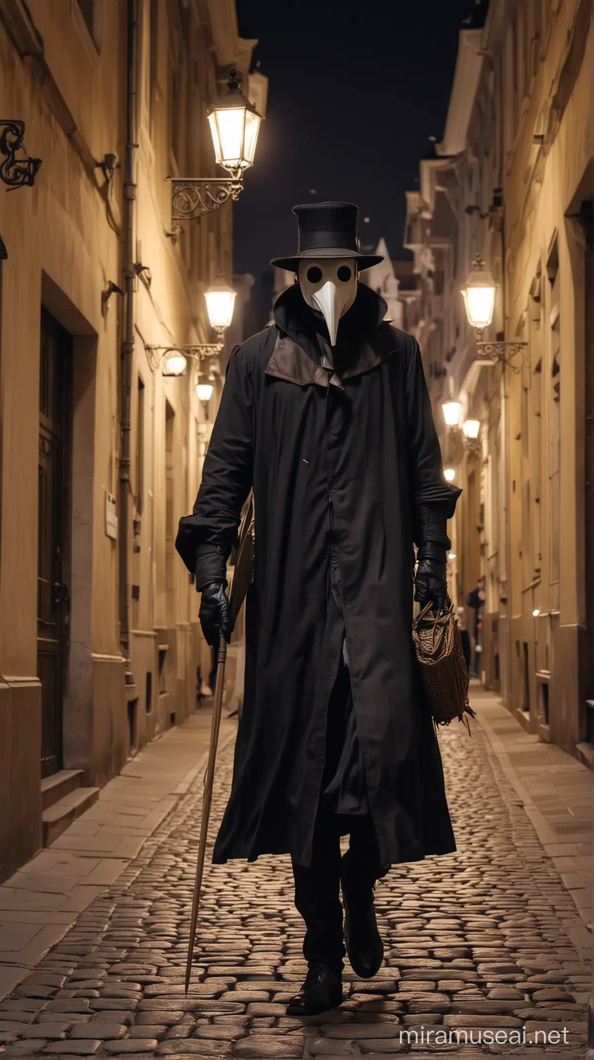 Modern Plague Doctor Walking Through Renaissance Vienna Streets at Night