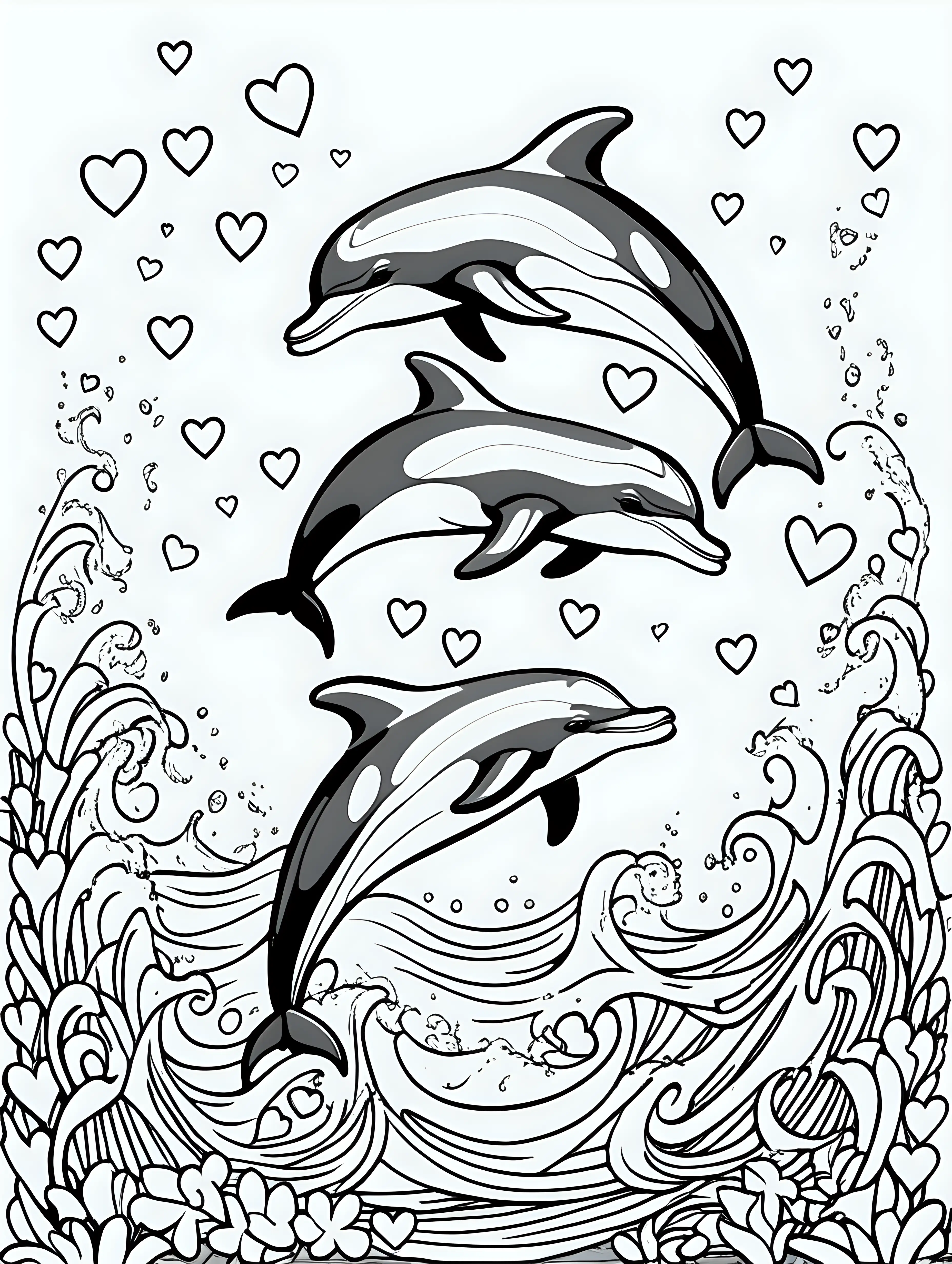 create a black line detailed sketch illustration coloring page of cute dolphins playing in the ocean surrounded with hearts, crisp black outlines, no shading