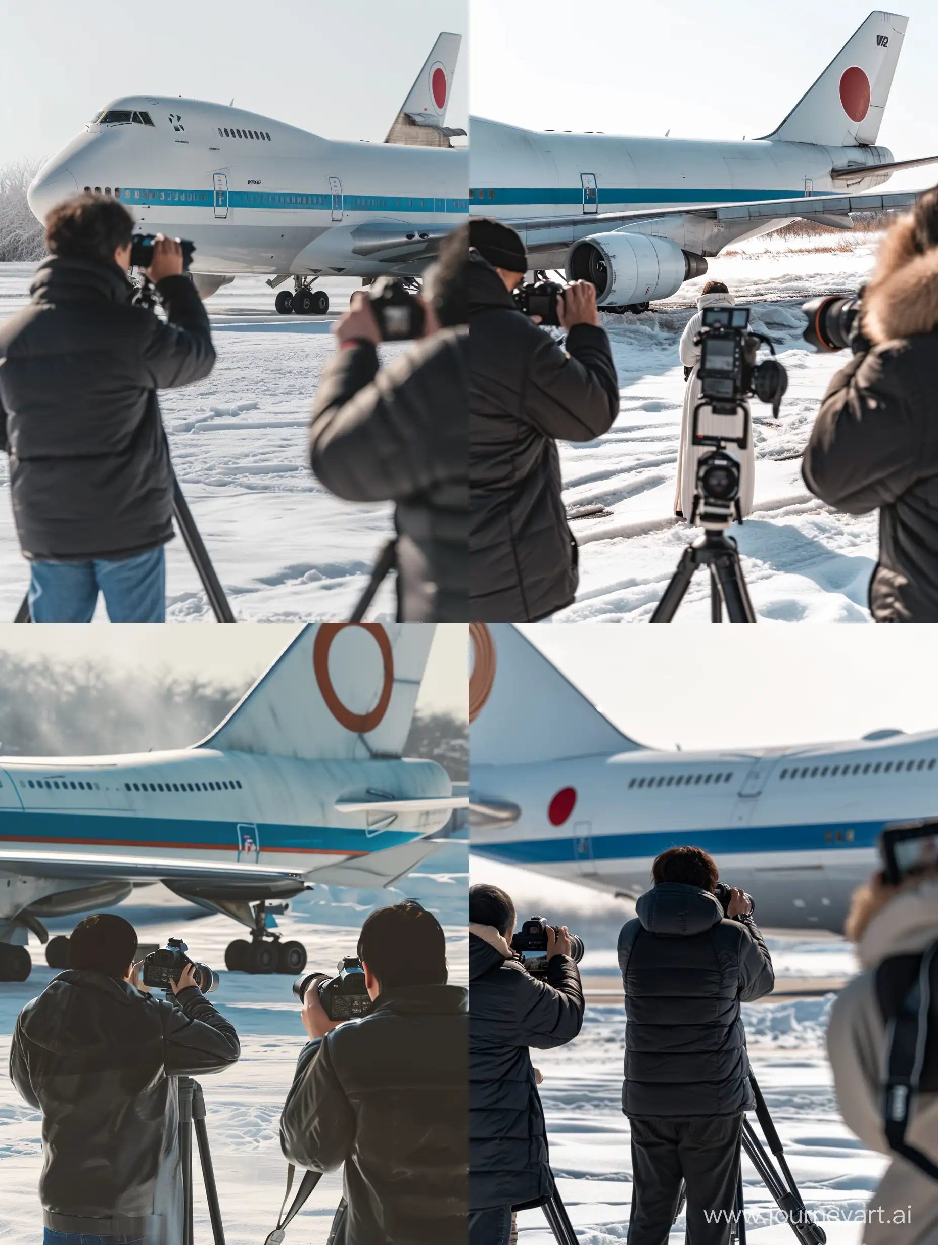 The view from the back. In the image, two people with cameras take pictures of a Boeing 747 plane. One man is wearing a black jacket, the other a white and long one. The aircraft has a blue stripe along the fuselage, it is white in color, and a red circle on the tail. The weather is sunny, it is freezing and there is snow. Extra detailed, very realistic —v 6
