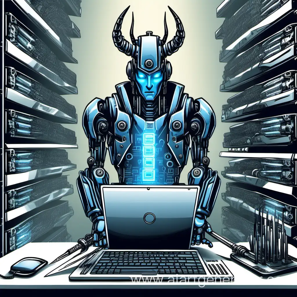 Нарисуй робота системного администратора, который чинит сервера, с рогами, агрессивный, глаза синие, сам весь черный стальной с катаной в одной руки и с ноутбуком в другой руке
