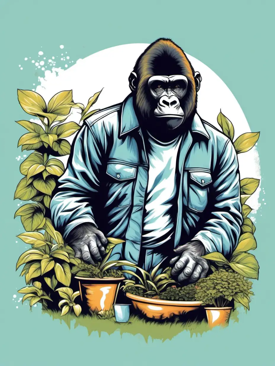 Vectorised Graphic T-Shirt Design. 



Gorilla's outside in a garden, wearing gardening clothes.


Style: Water Painting
Mood: Retro.
white Background.