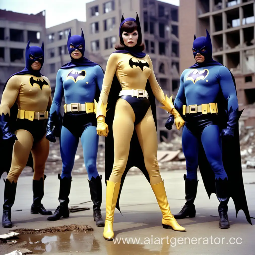 Yvonne Craig's Batgirl from the 1968 TV series, facing several giant muscular thugs in skin-tight uniforms, at the same time, one behind her to grab her, she in a fighting position. very clear scene of an abandoned place