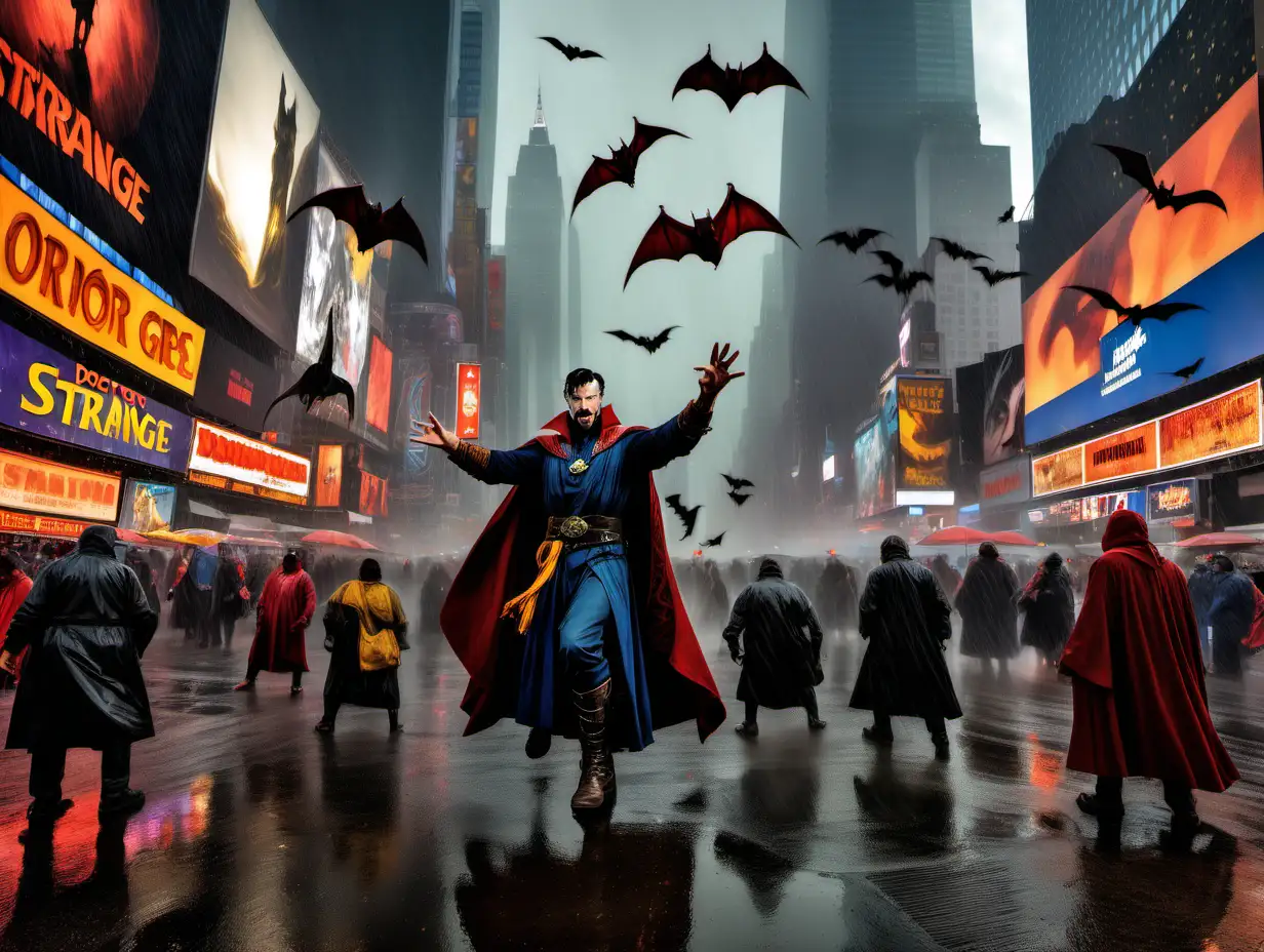 Doctor Strange fighting ogres and vampire bats in the middle of Times Square NYC during a rainstorm Frank Frazetta style